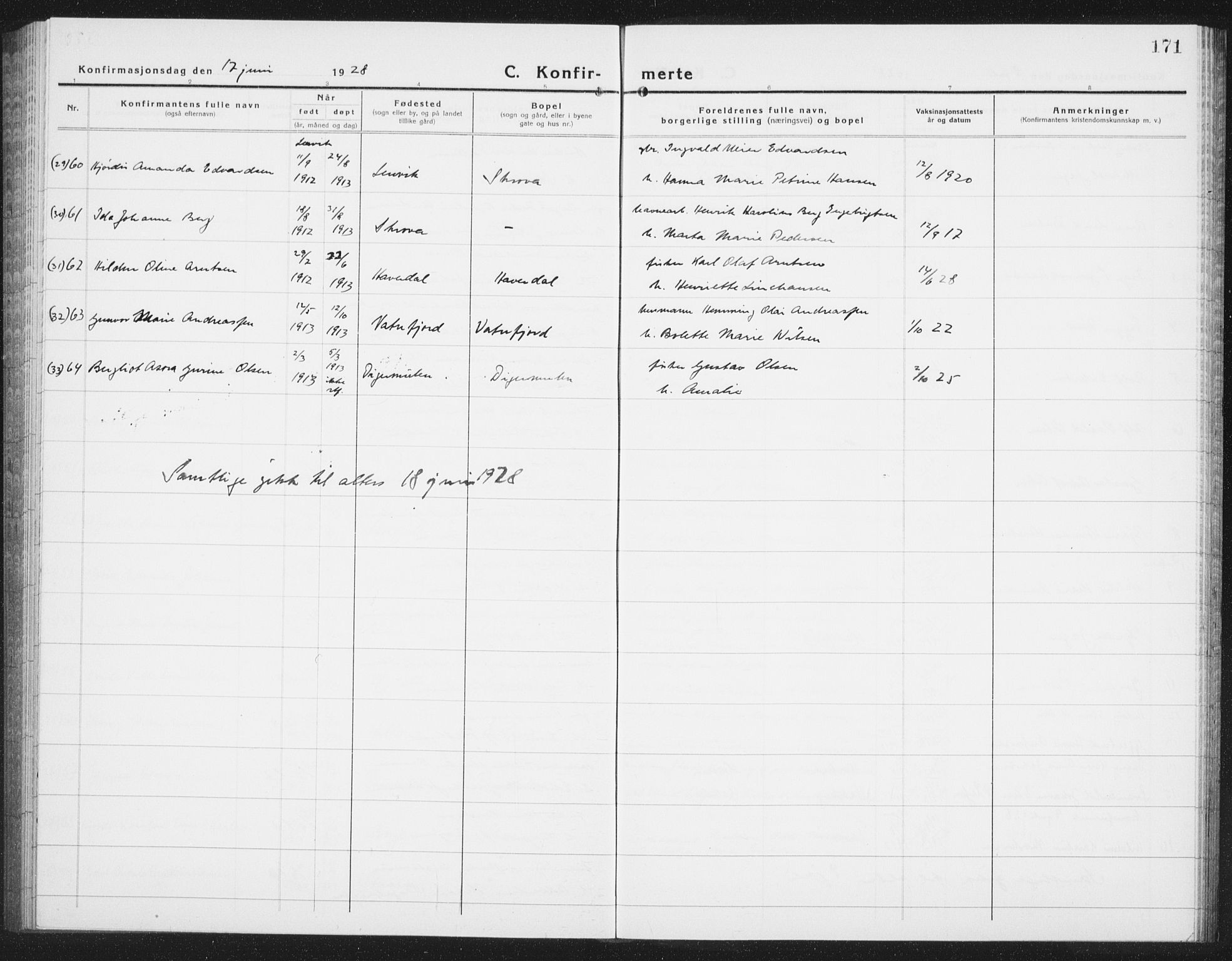 Ministerialprotokoller, klokkerbøker og fødselsregistre - Nordland, SAT/A-1459/874/L1081: Parish register (copy) no. 874C10, 1925-1941, p. 171