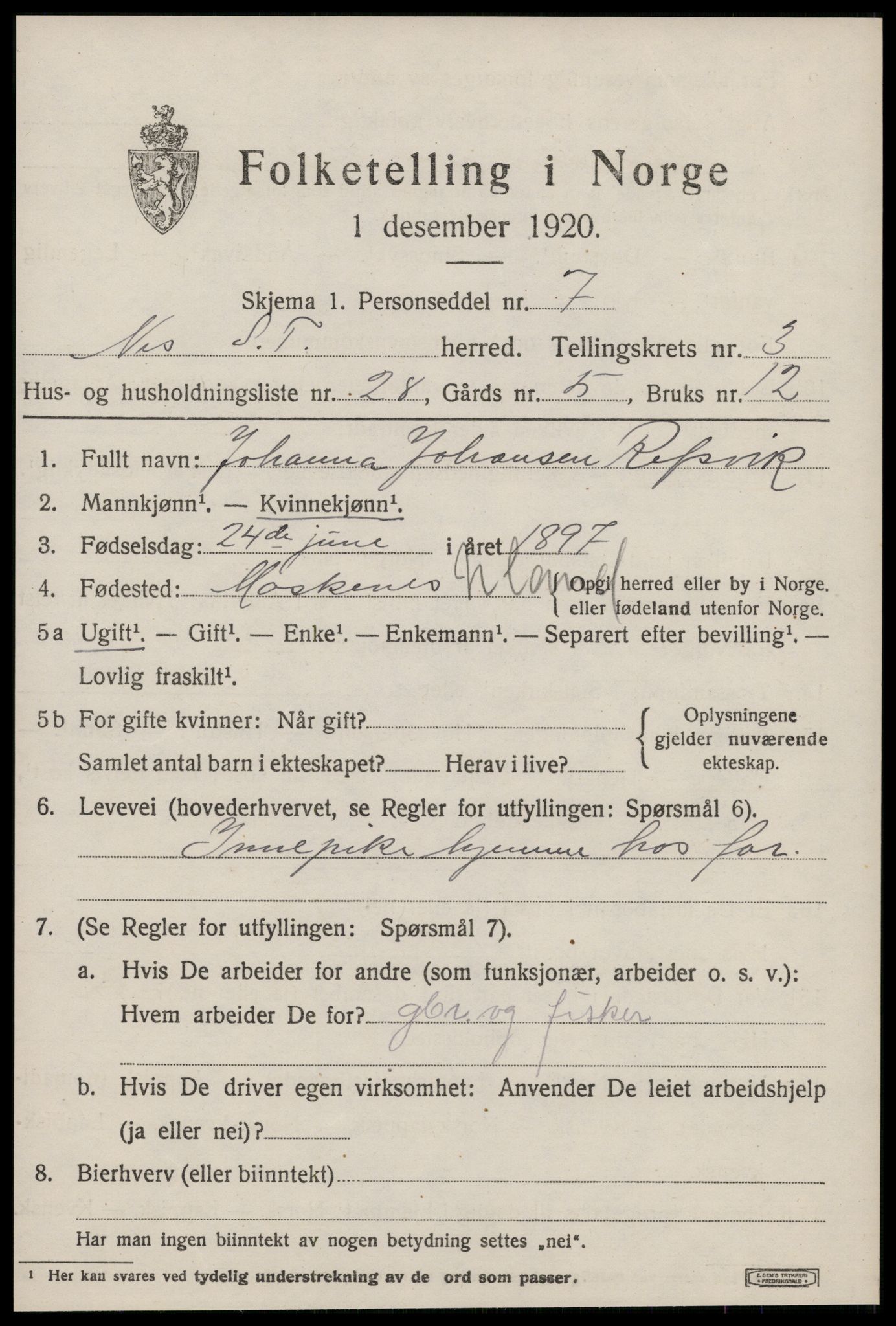 SAT, 1920 census for Nes (ST), 1920, p. 1973