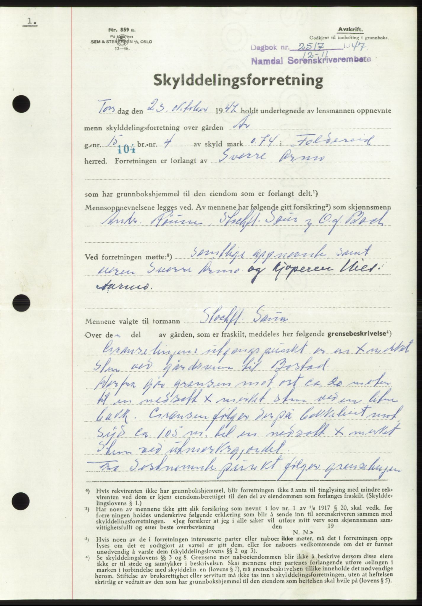 Namdal sorenskriveri, SAT/A-4133/1/2/2C: Mortgage book no. -, 1947-1948, Diary no: : 2517/1947