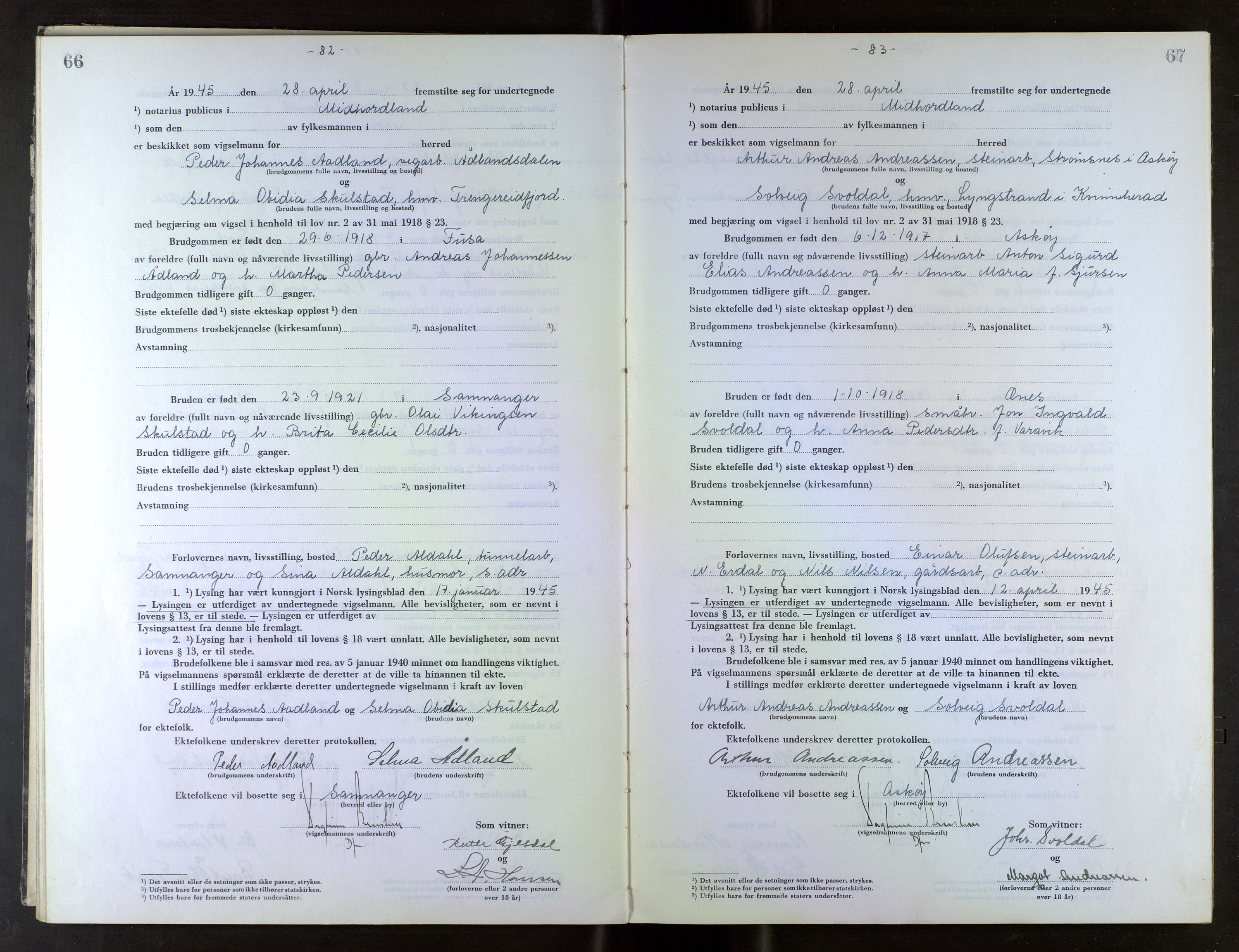 Midhordland sorenskriveri, AV/SAB-A-3001/1/M/Mc/Mca/L0007: Notarialbilag. Vigselbøker, 1945-1948, p. 66-67