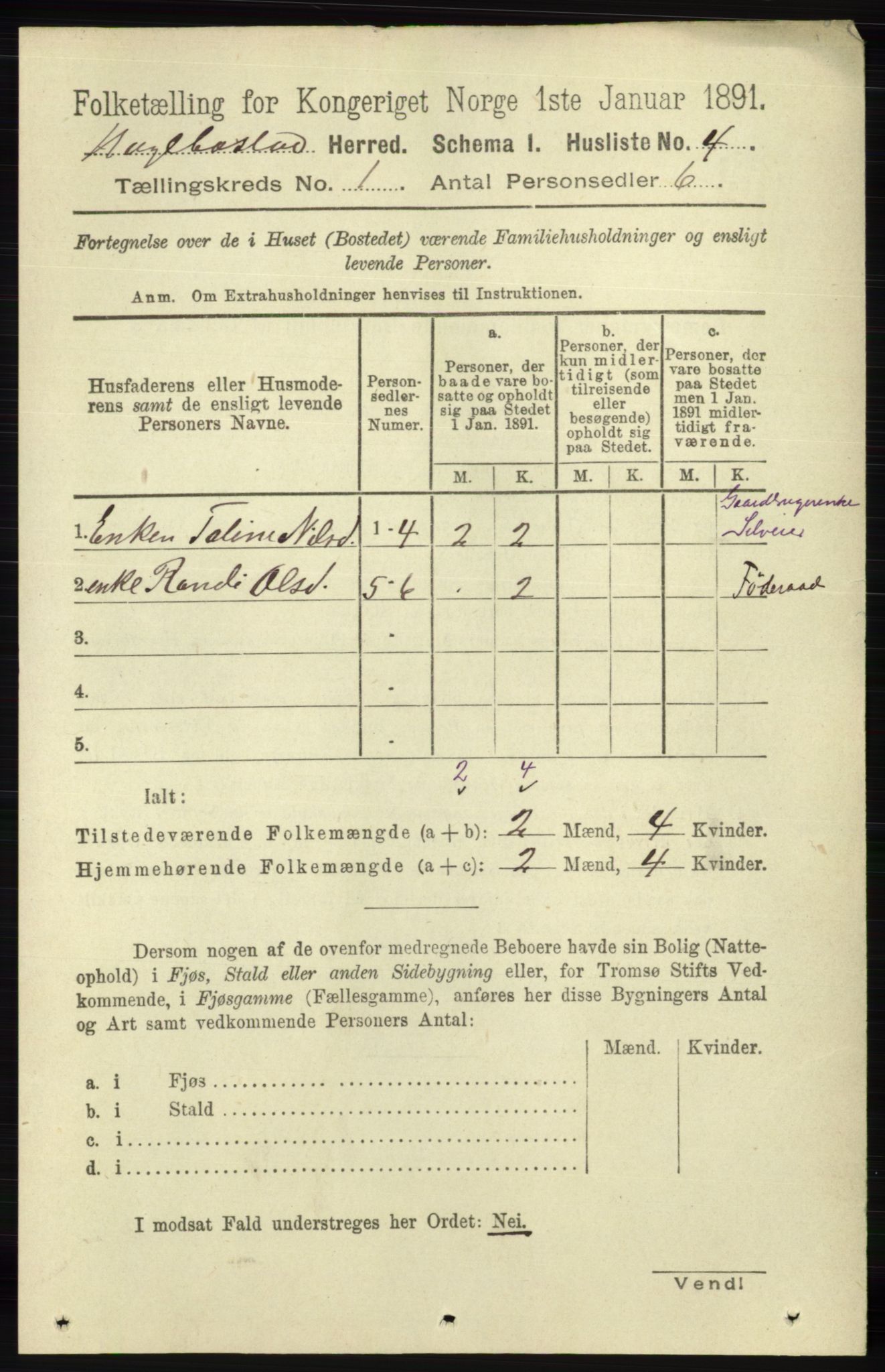 RA, 1891 census for 1034 Hægebostad, 1891, p. 26