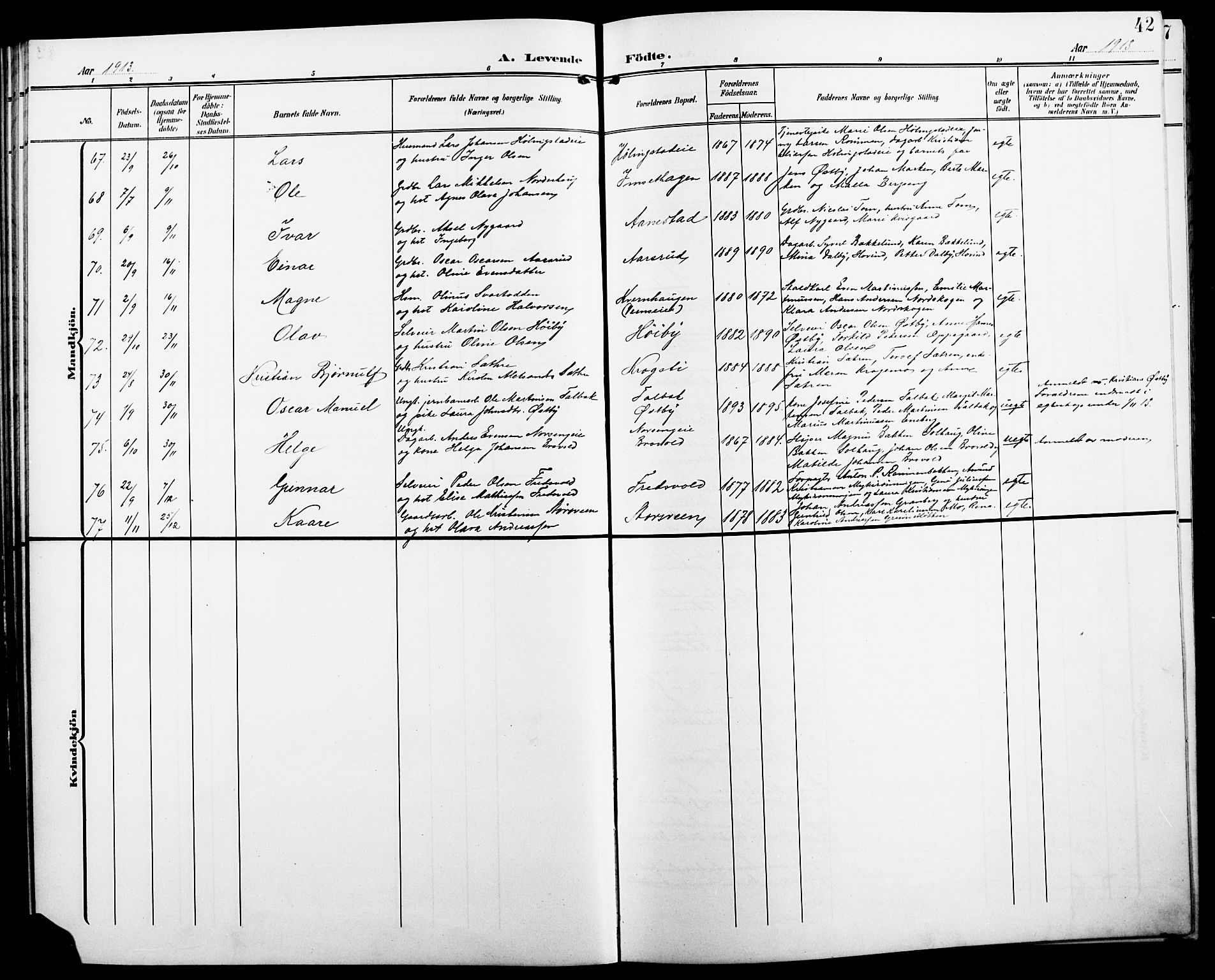 Løten prestekontor, SAH/PREST-022/L/La/L0007: Parish register (copy) no. 7, 1910-1919, p. 42