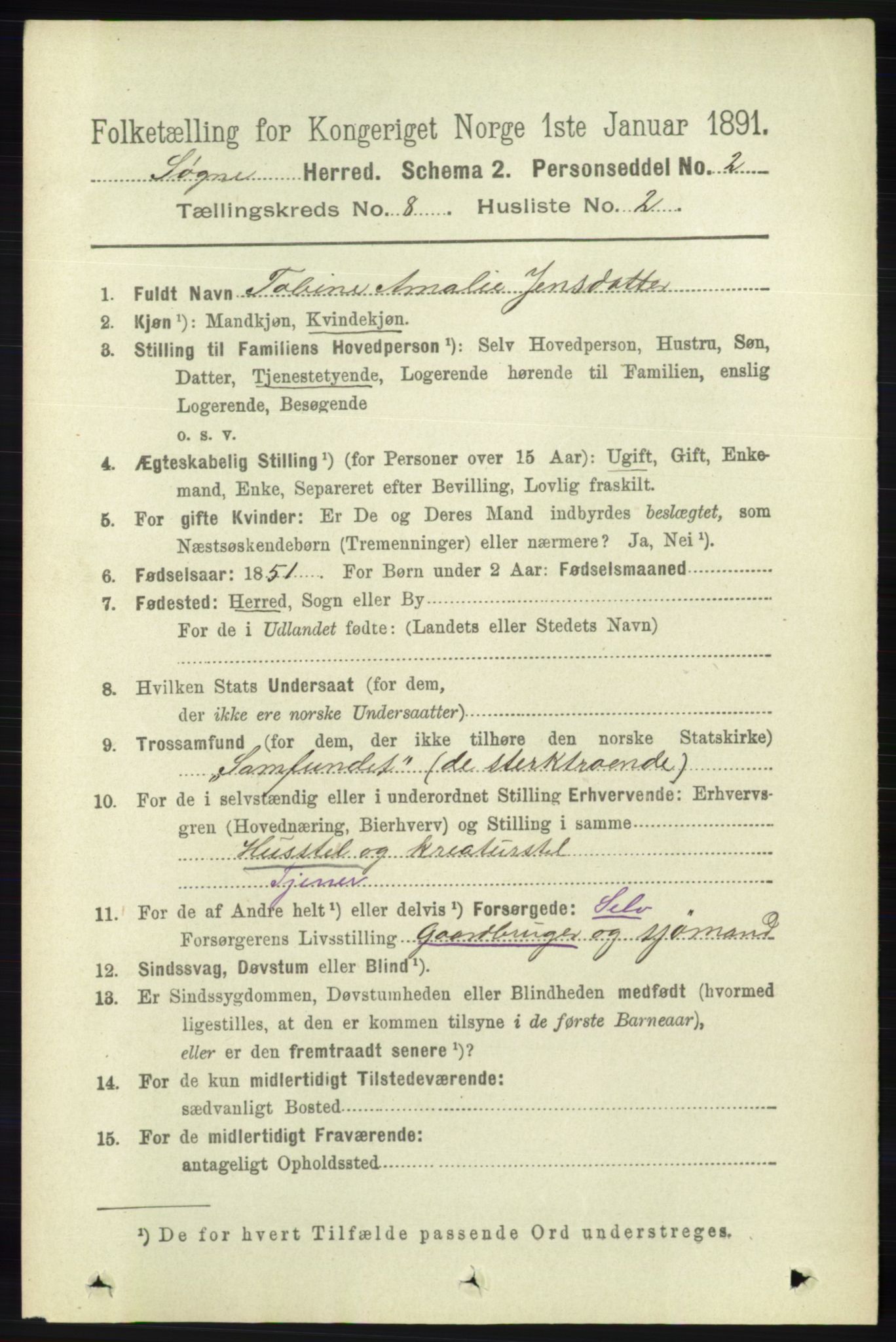 RA, 1891 census for 1018 Søgne, 1891, p. 2219