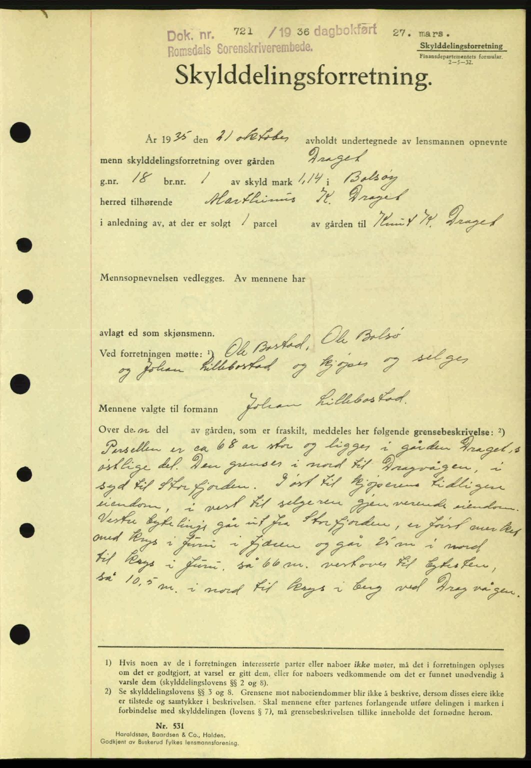 Romsdal sorenskriveri, AV/SAT-A-4149/1/2/2C: Mortgage book no. A1, 1936-1936, Diary no: : 721/1936