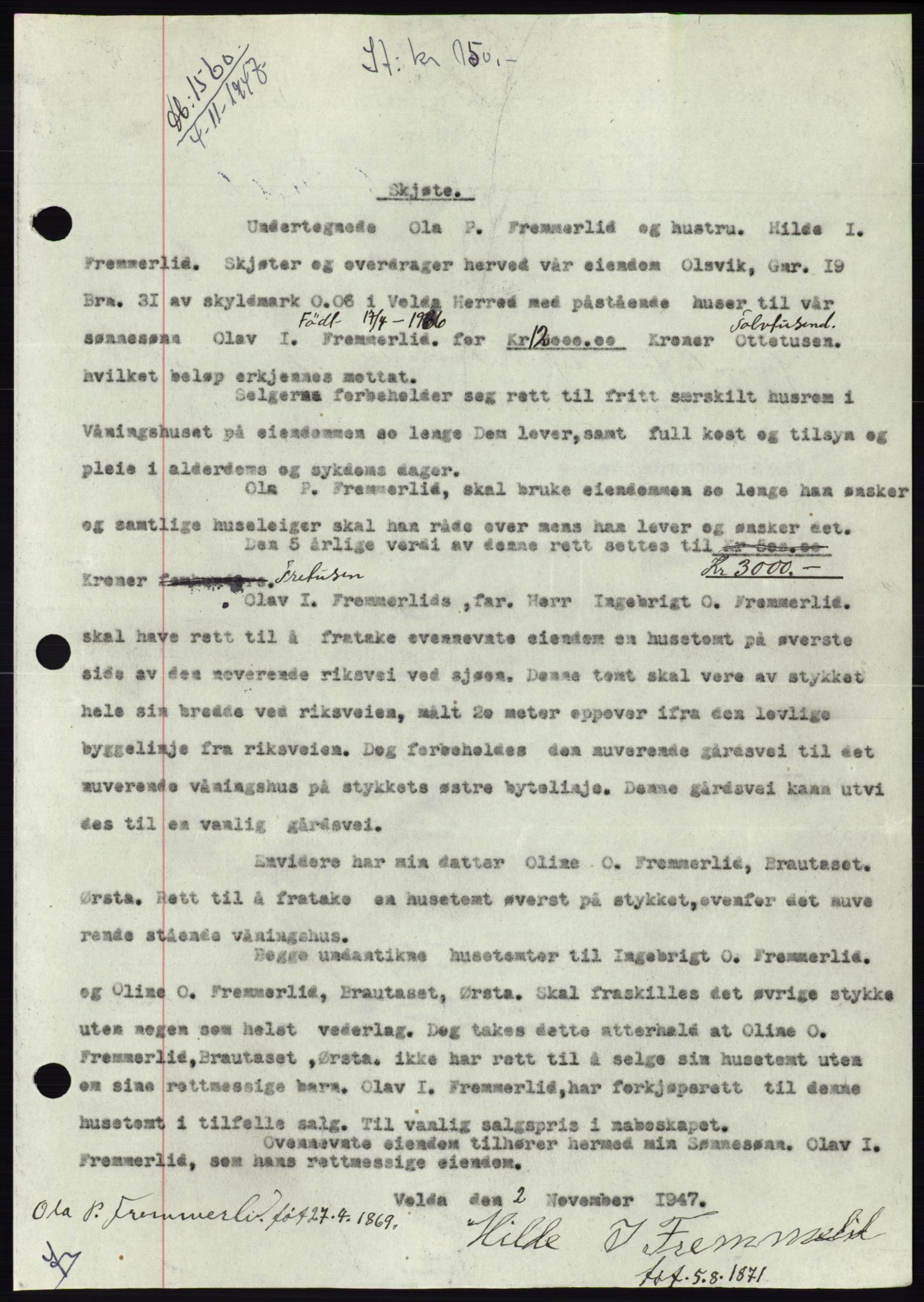 Søre Sunnmøre sorenskriveri, AV/SAT-A-4122/1/2/2C/L0081: Mortgage book no. 7A, 1947-1948, Diary no: : 1560/1947