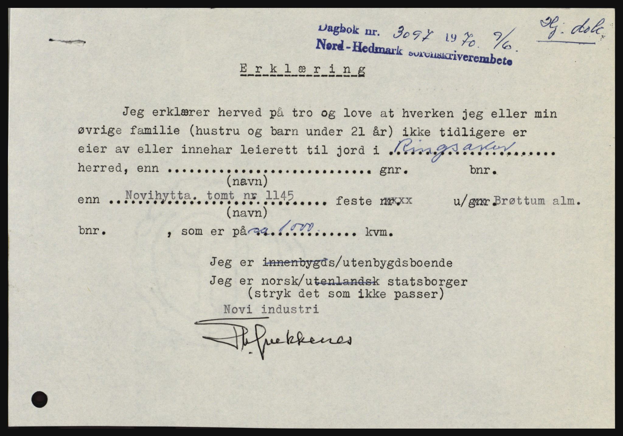 Nord-Hedmark sorenskriveri, SAH/TING-012/H/Hc/L0033: Mortgage book no. 33, 1970-1970, Diary no: : 3097/1970