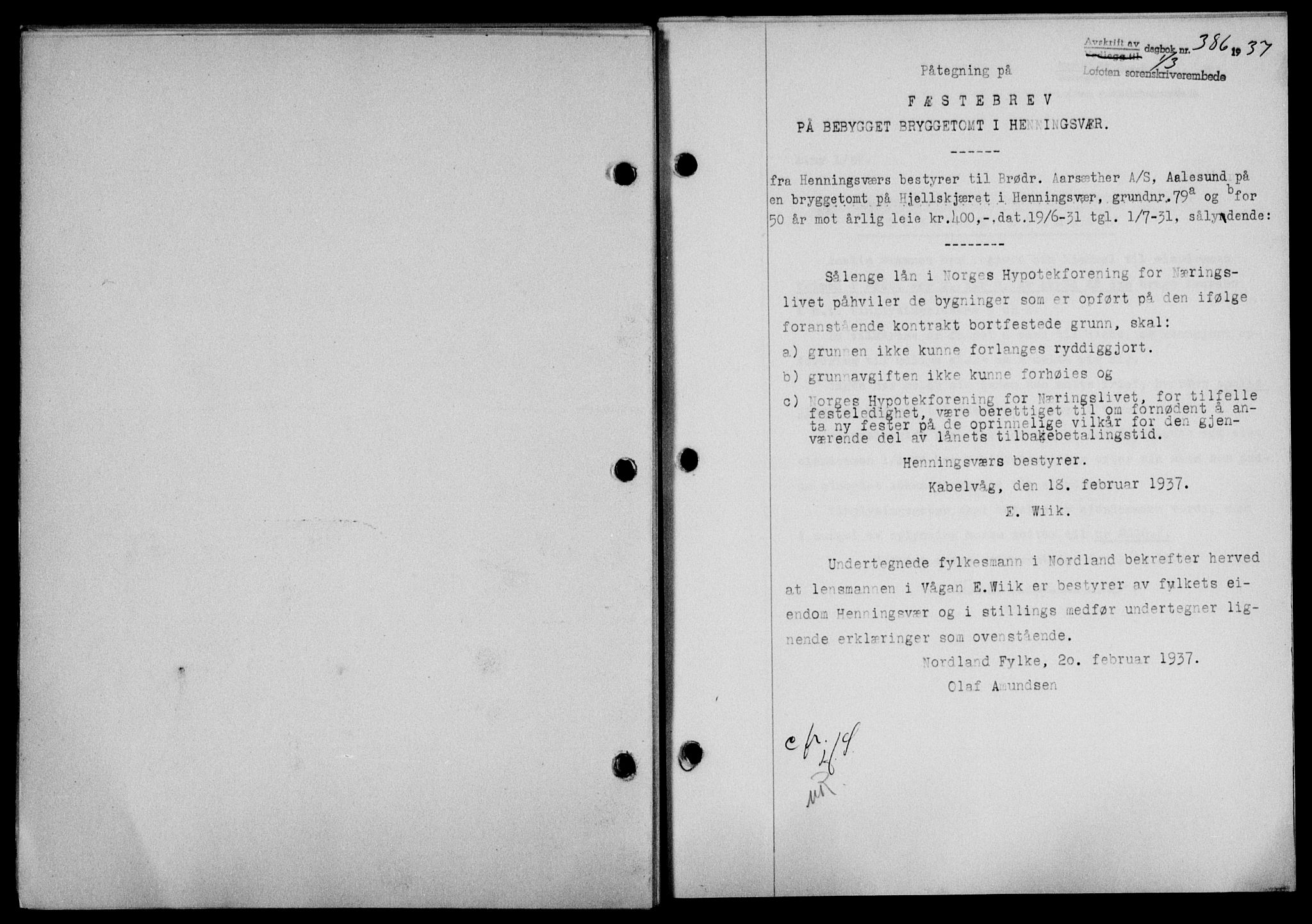 Lofoten sorenskriveri, SAT/A-0017/1/2/2C/L0001a: Mortgage book no. 1a, 1936-1937, Diary no: : 386/1937