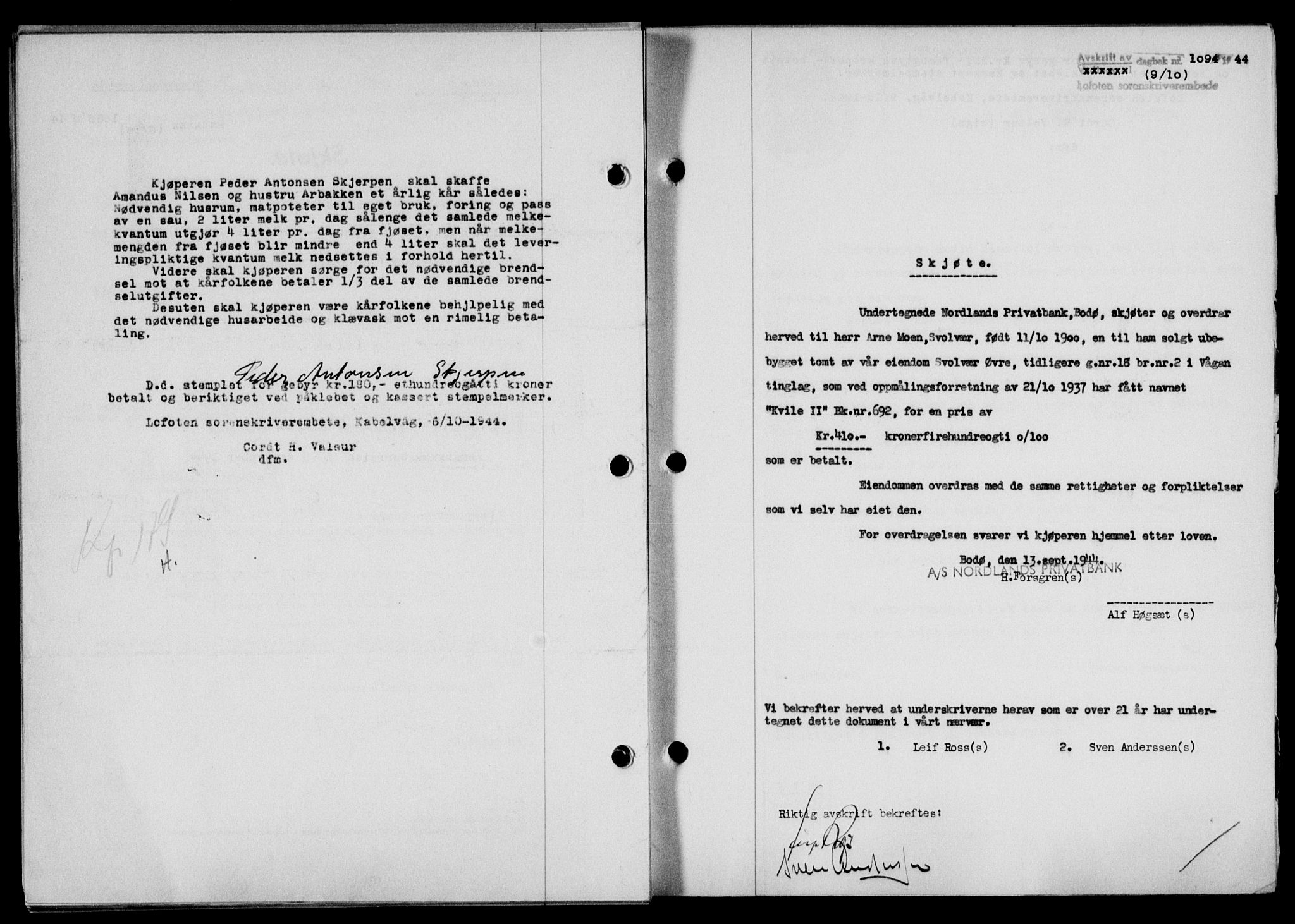 Lofoten sorenskriveri, SAT/A-0017/1/2/2C/L0012a: Mortgage book no. 12a, 1943-1944, Diary no: : 1094/1944