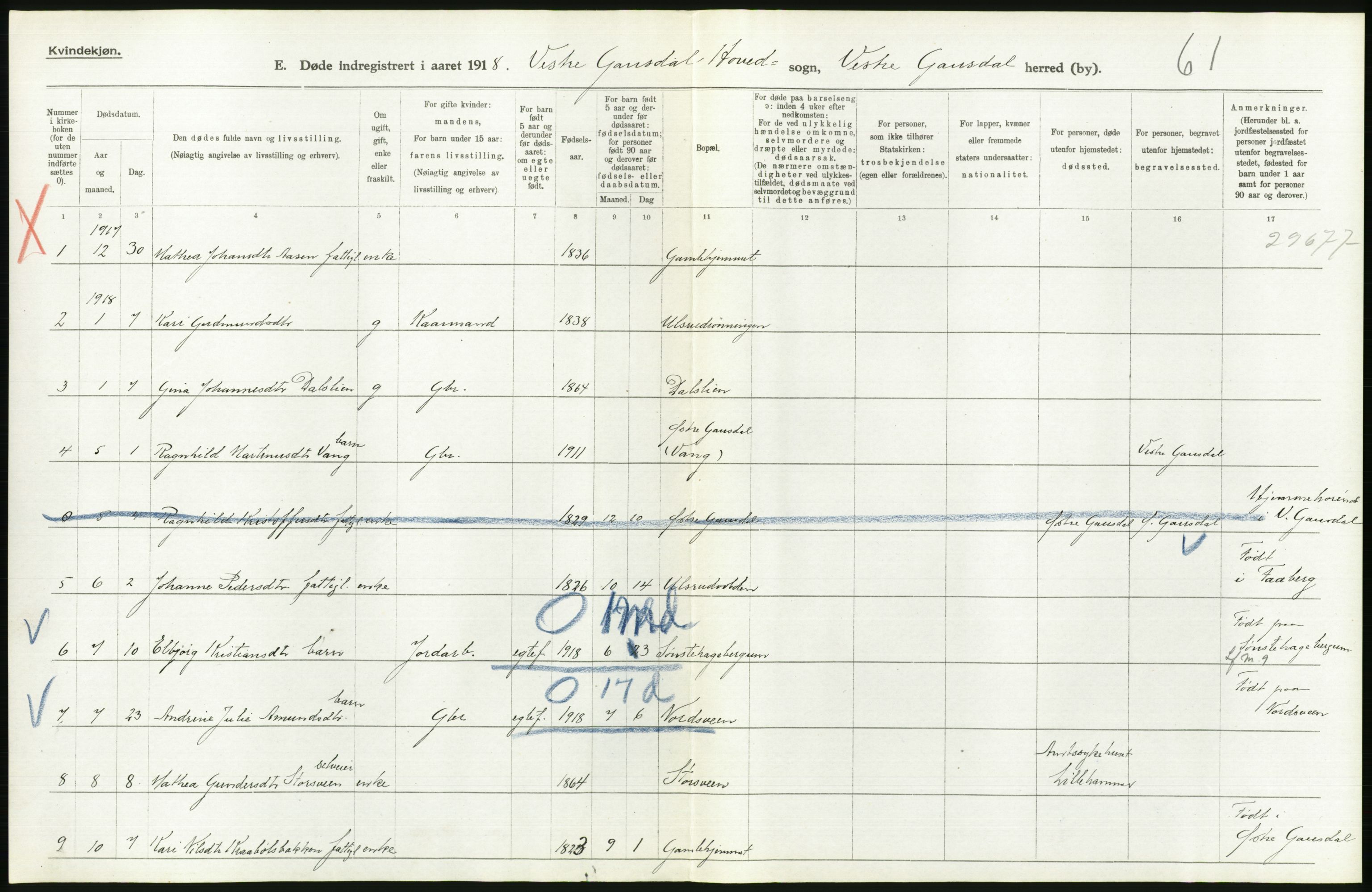 Statistisk sentralbyrå, Sosiodemografiske emner, Befolkning, RA/S-2228/D/Df/Dfb/Dfbh/L0017: Oppland fylke: Døde. Bygder og byer., 1918, p. 178