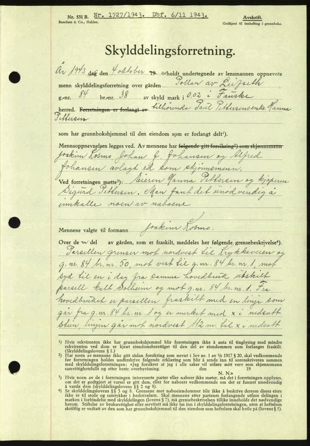 Salten sorenskriveri, AV/SAT-A-4578/1/2/2C: Mortgage book no. A14-15, 1943-1945, Diary no: : 1727/1943