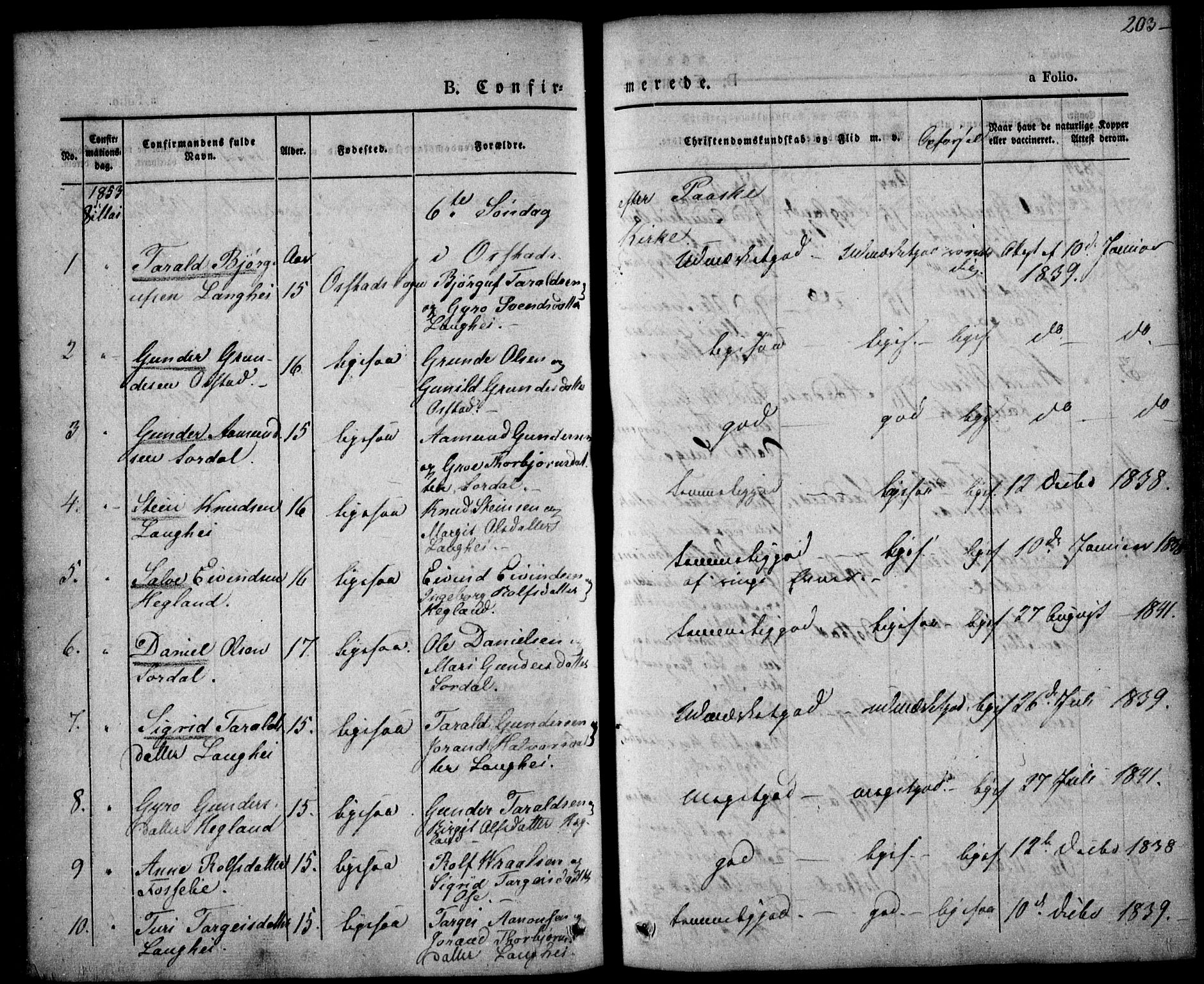 Bygland sokneprestkontor, AV/SAK-1111-0006/F/Fa/Fab/L0004: Parish register (official) no. A 4, 1842-1858, p. 203