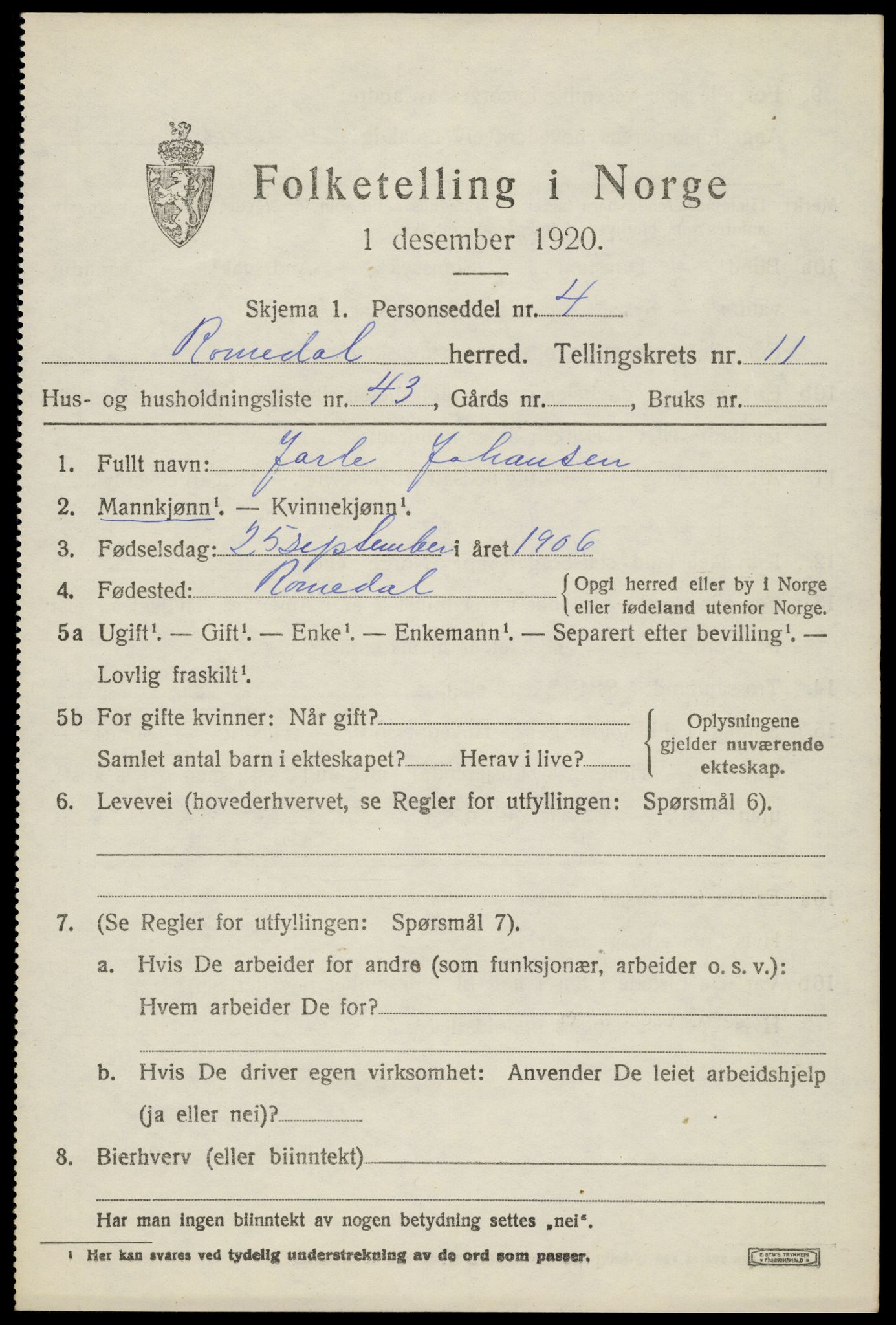 SAH, 1920 census for Romedal, 1920, p. 12587