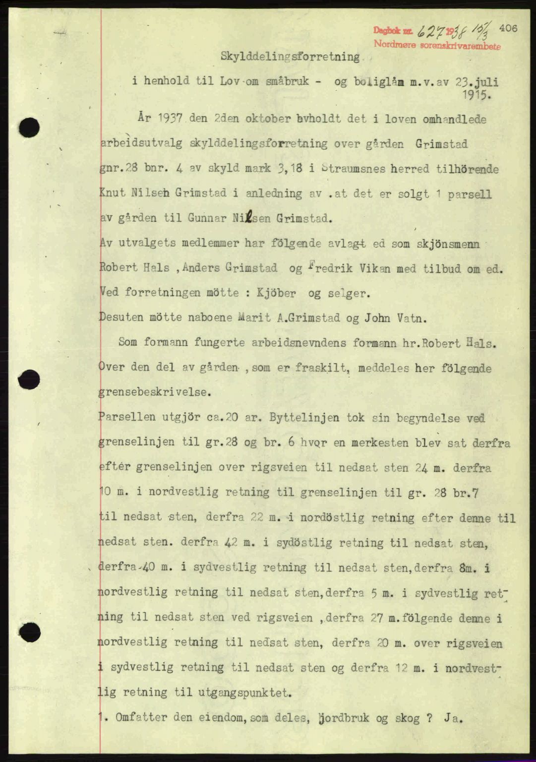 Nordmøre sorenskriveri, AV/SAT-A-4132/1/2/2Ca: Mortgage book no. A83, 1938-1938, Diary no: : 627/1938