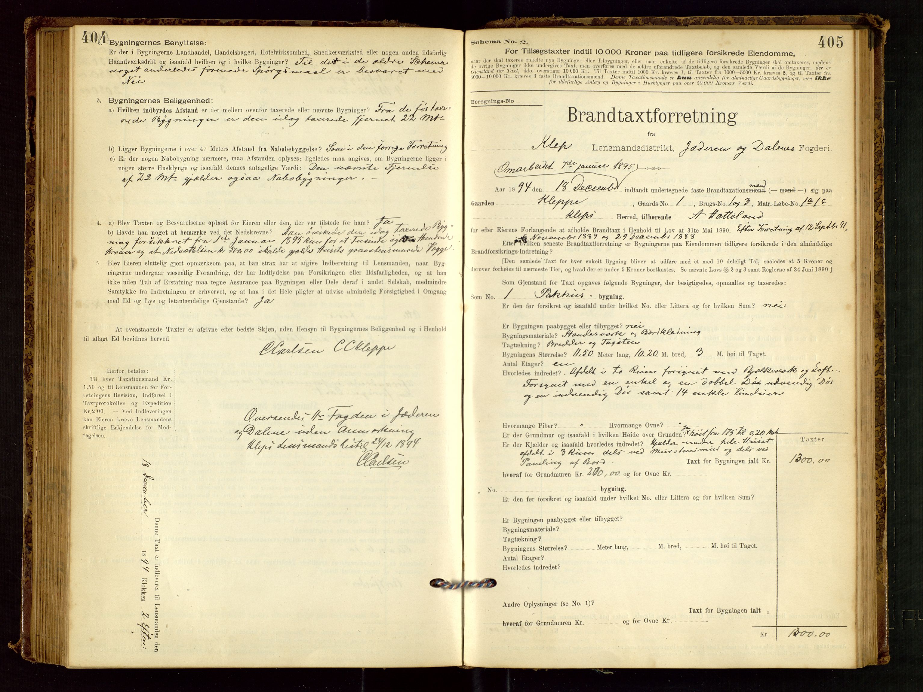 Klepp lensmannskontor, SAST/A-100163/Goc/L0001: "Brandtaxationsprotokol" m/register, 1895-1898, p. 404-405