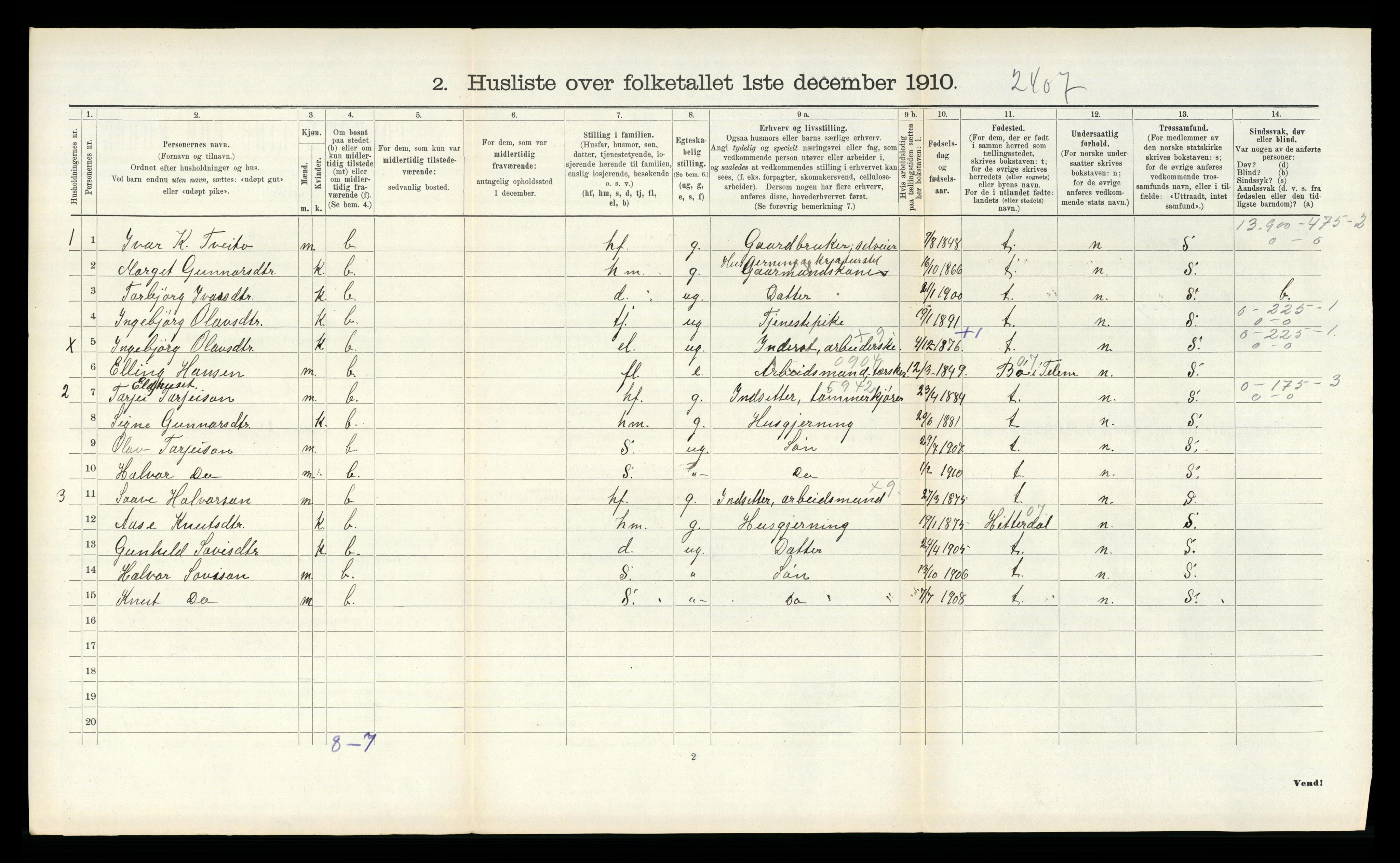 RA, 1910 census for Vinje, 1910, p. 169