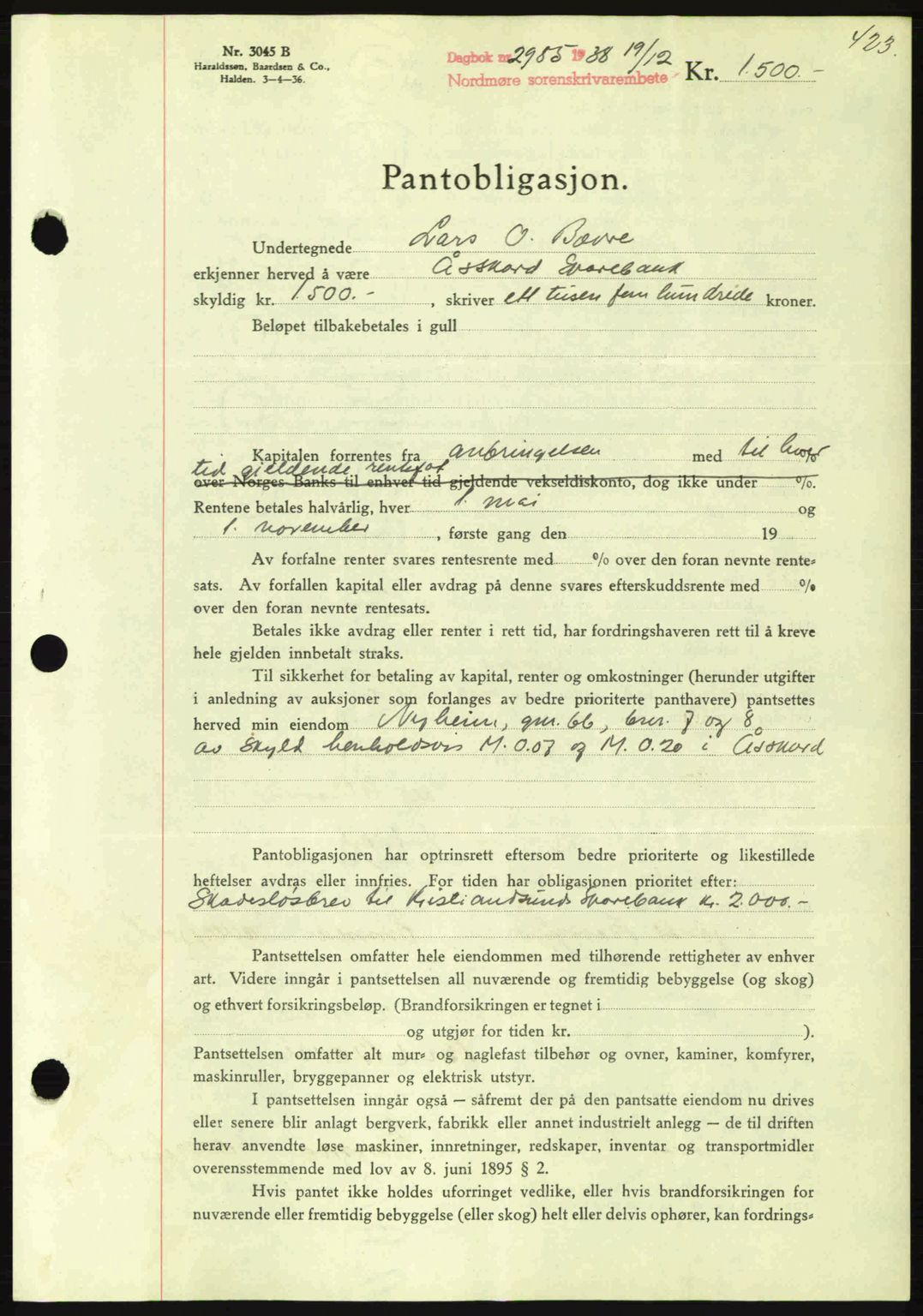 Nordmøre sorenskriveri, SAT/A-4132/1/2/2Ca: Mortgage book no. B84, 1938-1939, Diary no: : 2985/1938