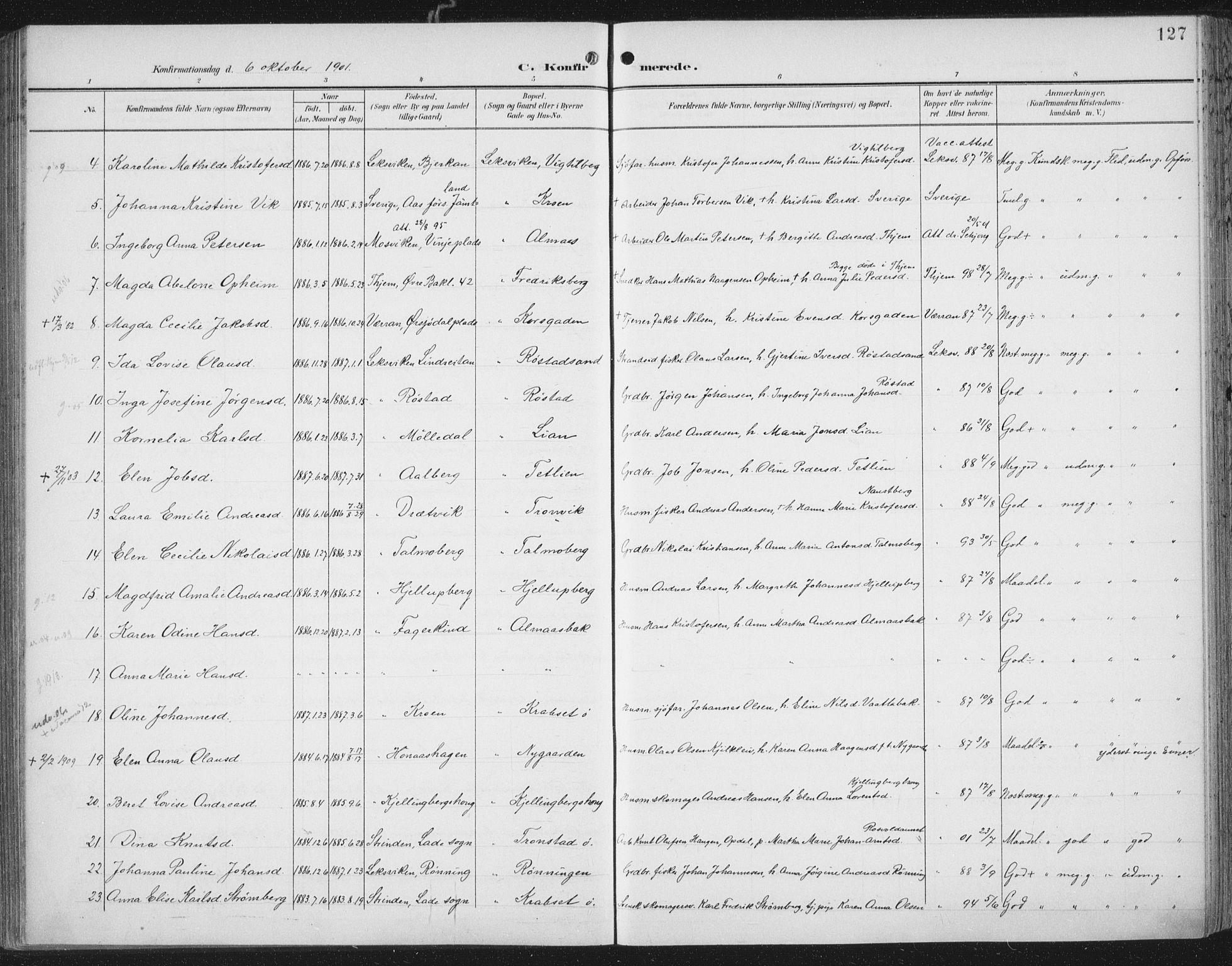 Ministerialprotokoller, klokkerbøker og fødselsregistre - Nord-Trøndelag, SAT/A-1458/701/L0011: Parish register (official) no. 701A11, 1899-1915, p. 127
