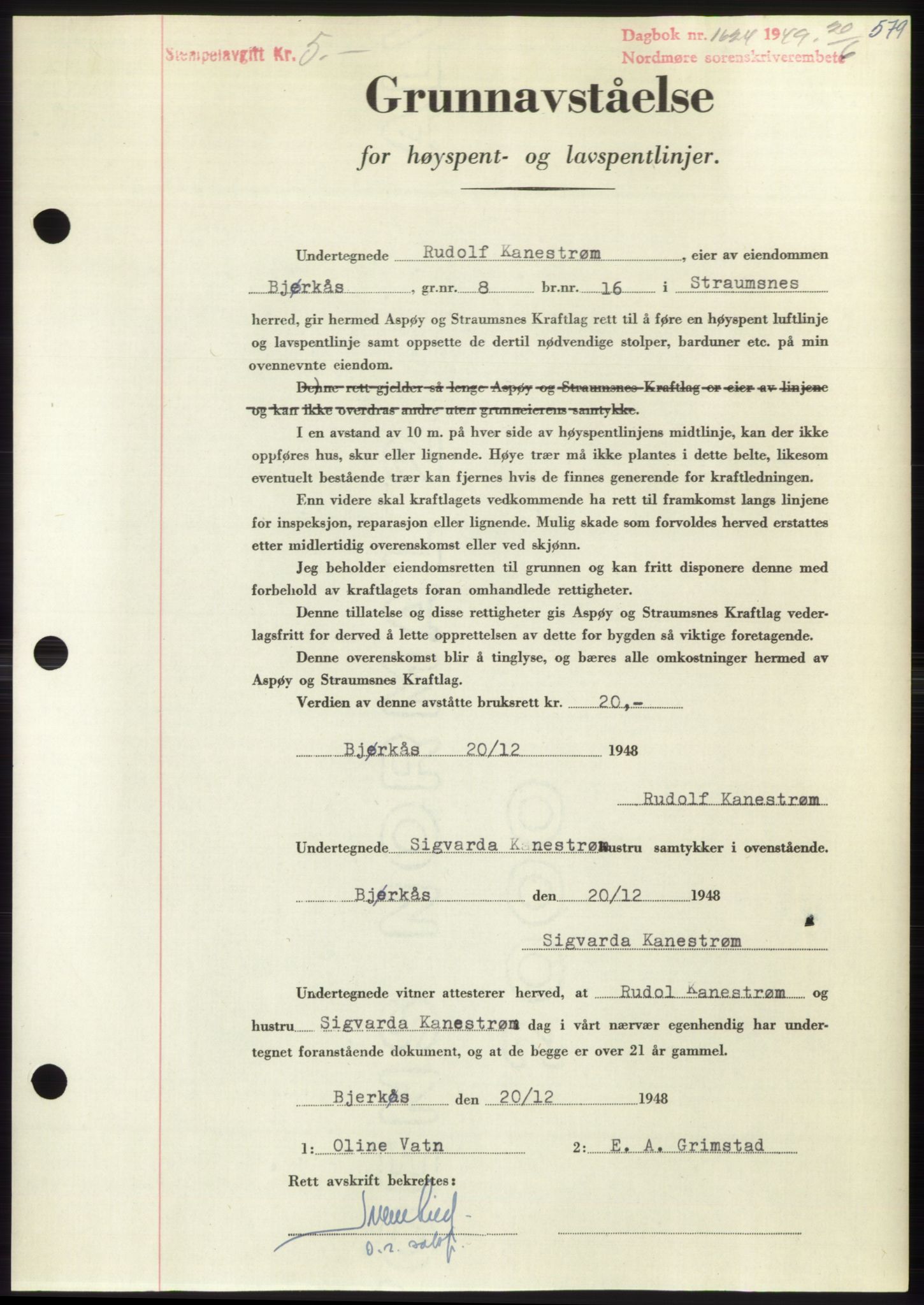 Nordmøre sorenskriveri, AV/SAT-A-4132/1/2/2Ca: Mortgage book no. B101, 1949-1949, Diary no: : 1624/1949