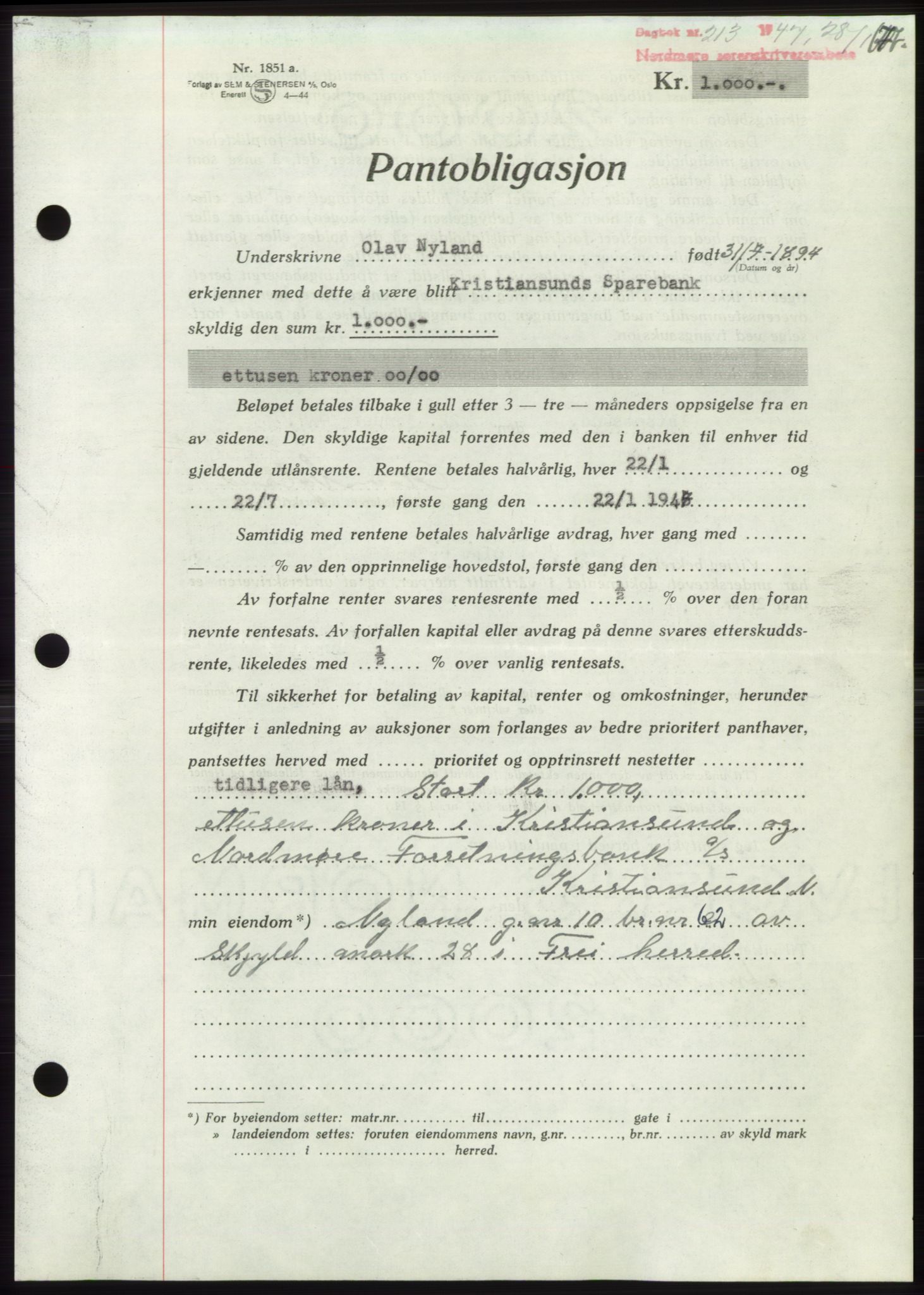 Nordmøre sorenskriveri, AV/SAT-A-4132/1/2/2Ca: Mortgage book no. B95, 1946-1947, Diary no: : 213/1947