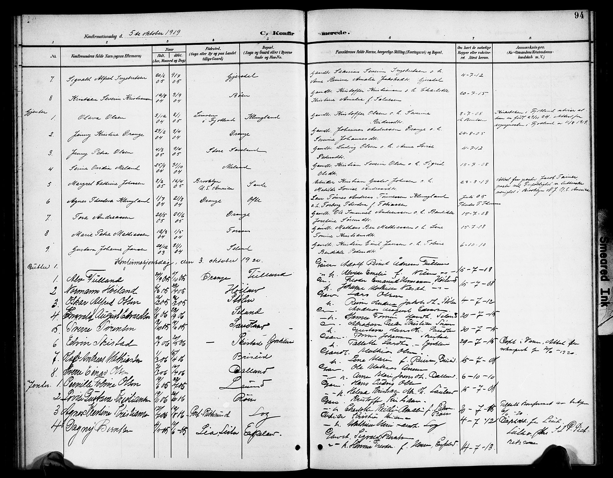 Herad sokneprestkontor, SAK/1111-0018/F/Fb/Fba/L0005: Parish register (copy) no. B 5, 1899-1921, p. 94