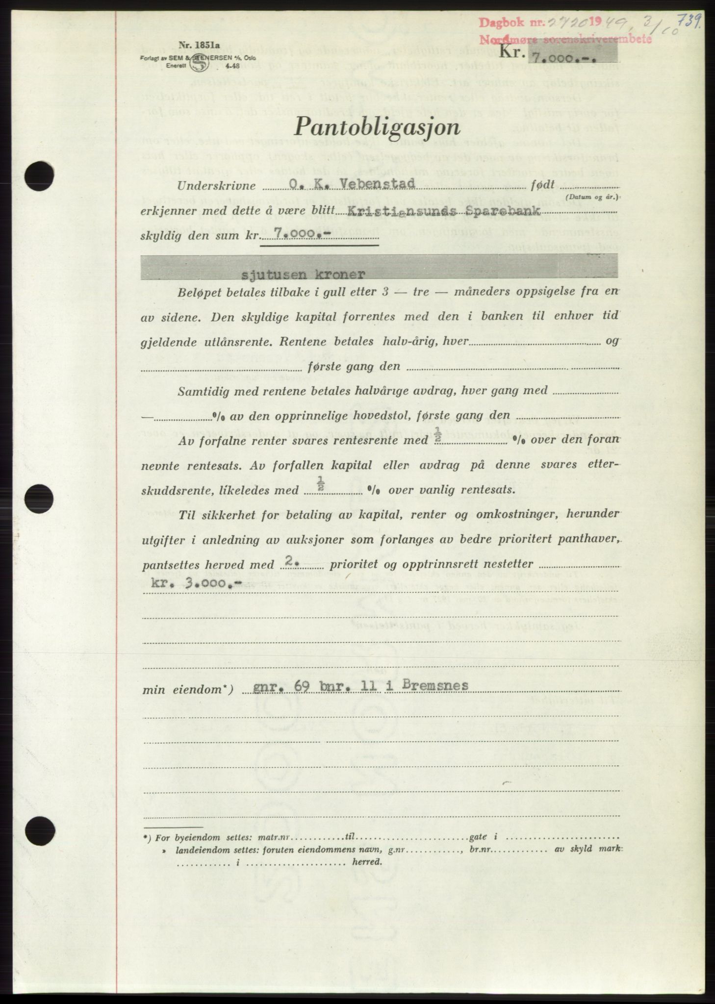 Nordmøre sorenskriveri, AV/SAT-A-4132/1/2/2Ca: Mortgage book no. B102, 1949-1949, Diary no: : 2720/1949