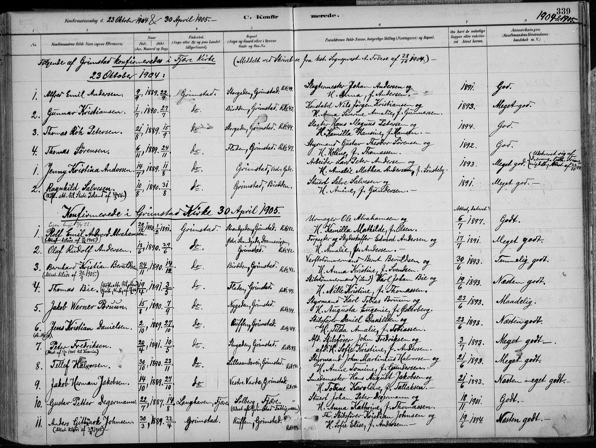 Grimstad sokneprestkontor, SAK/1111-0017/F/Fa/L0003: Parish register (official) no. A 2, 1882-1912, p. 339