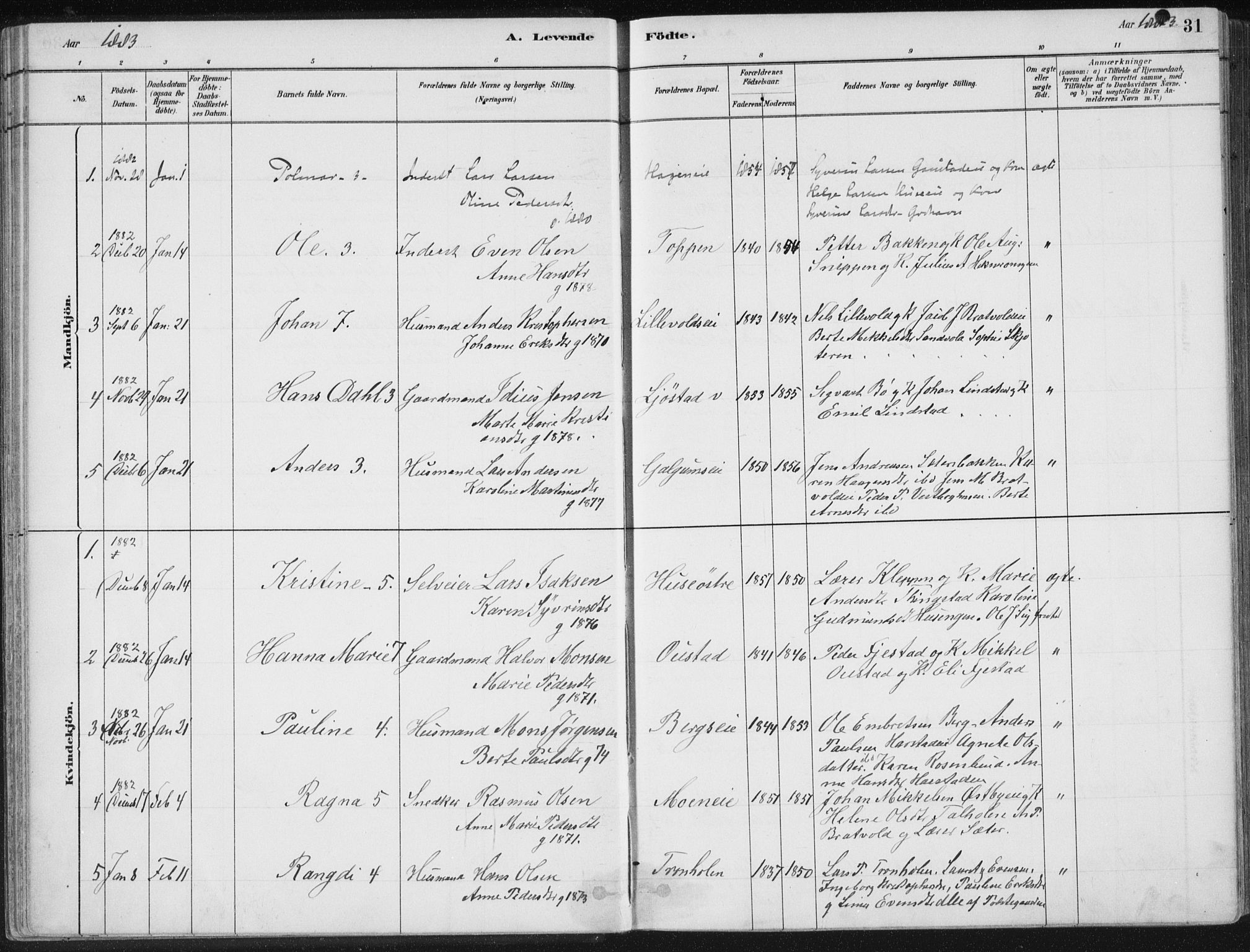 Romedal prestekontor, SAH/PREST-004/K/L0010: Parish register (official) no. 10, 1880-1895, p. 31