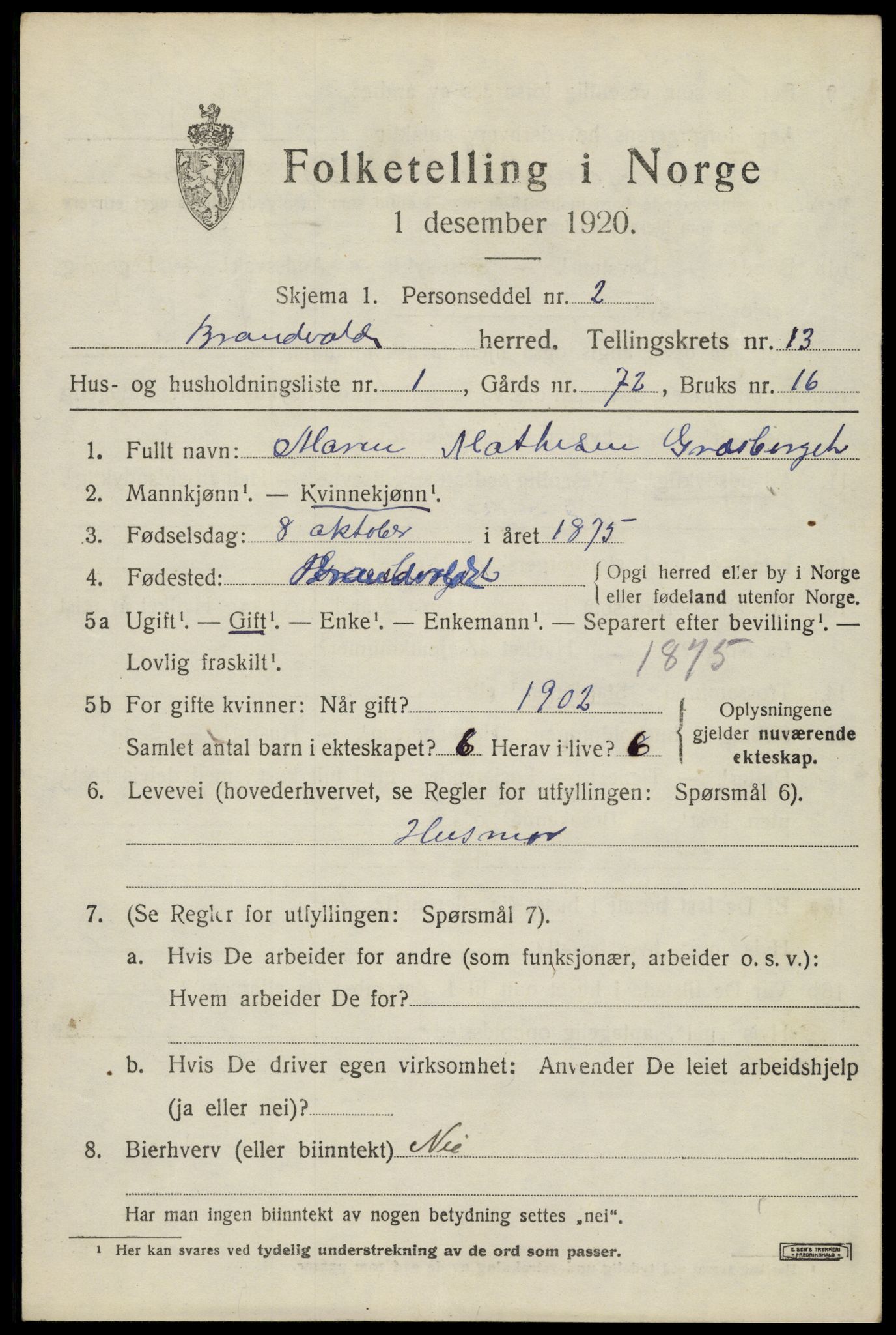 SAH, 1920 census for Brandval, 1920, p. 9140