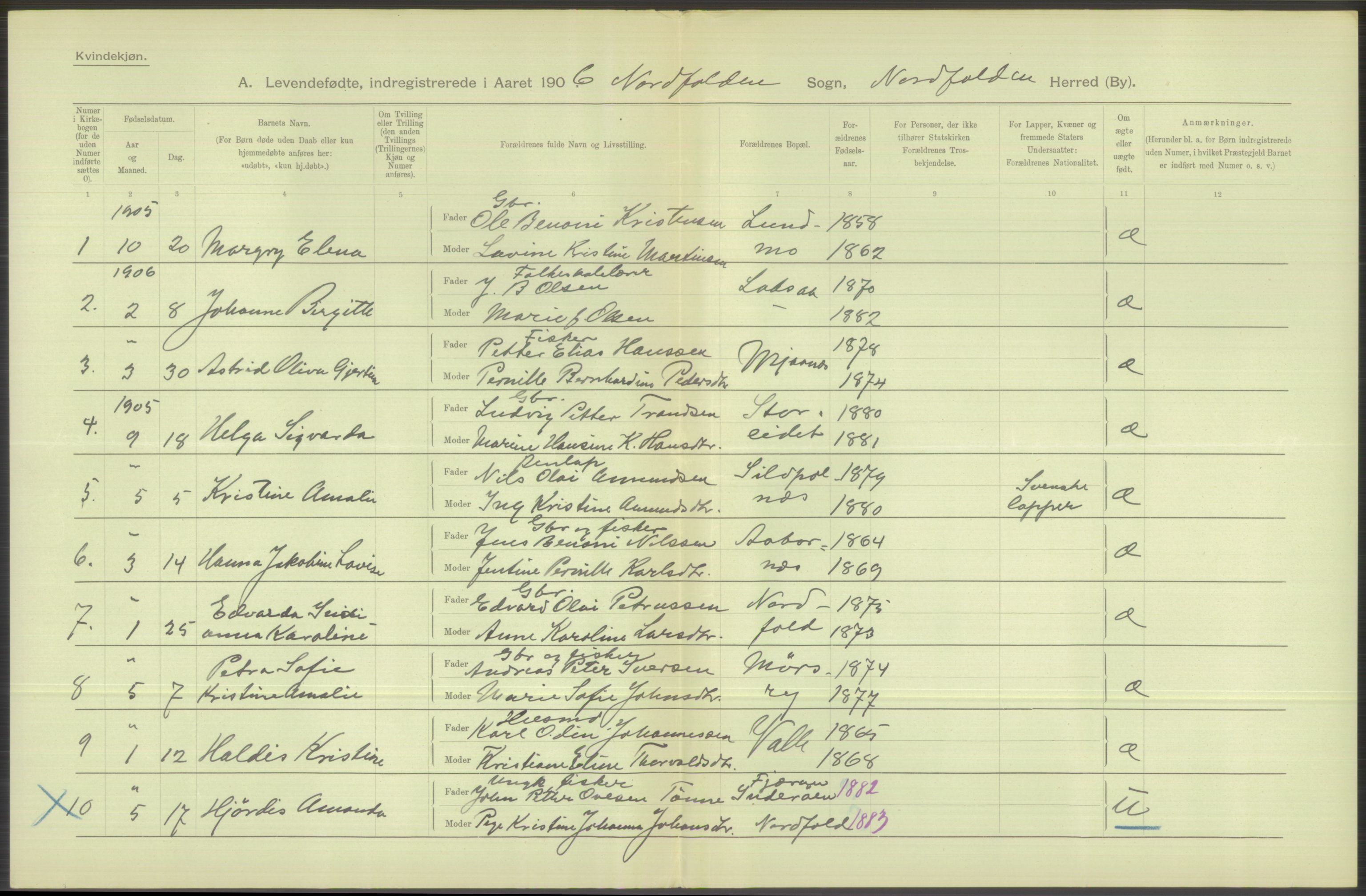 Statistisk sentralbyrå, Sosiodemografiske emner, Befolkning, AV/RA-S-2228/D/Df/Dfa/Dfad/L0044: Nordlands amt: Levendefødte menn og kvinner. Bygder., 1906, p. 172