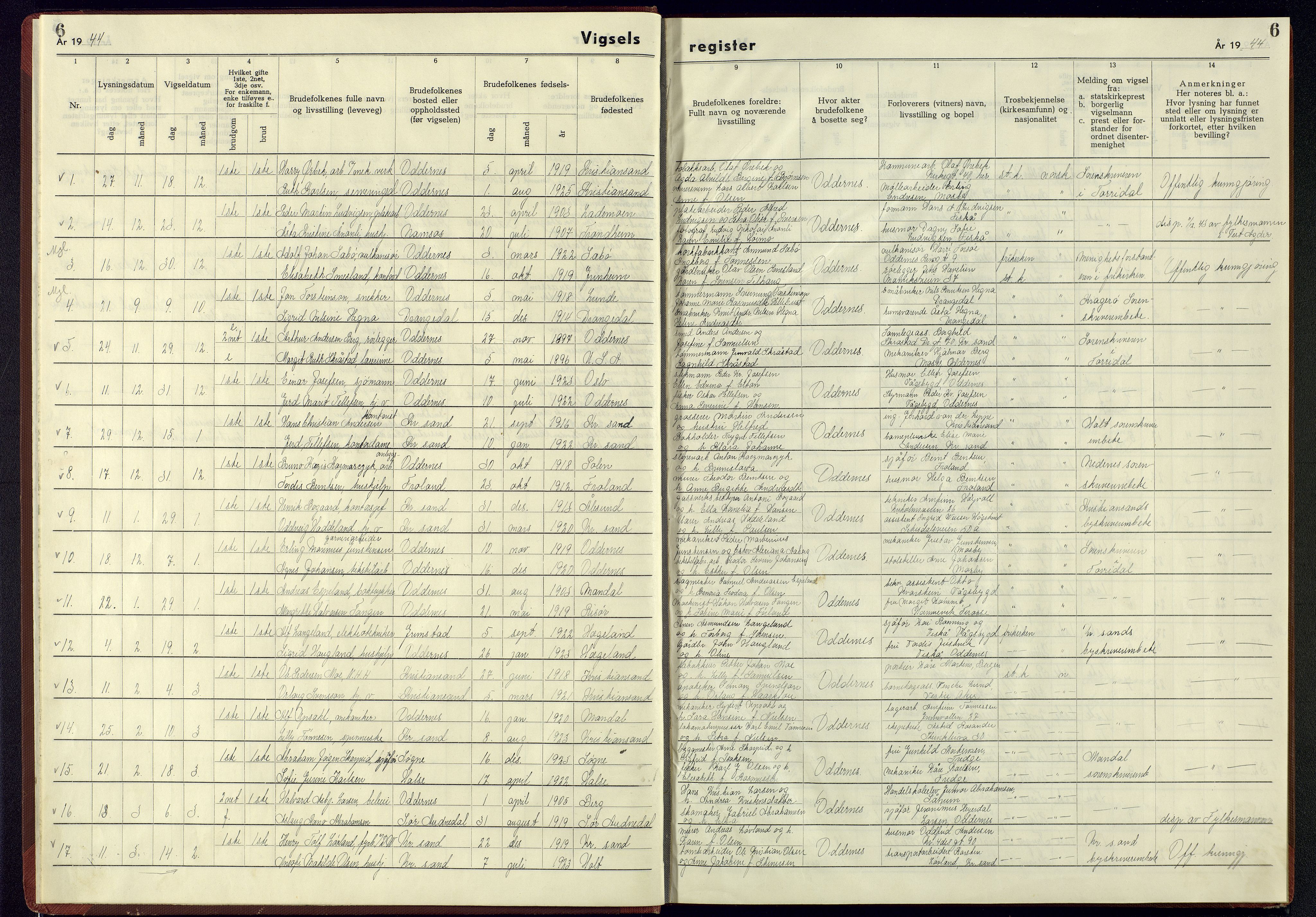 Oddernes sokneprestkontor, SAK/1111-0033/J/Jb/L0005: Marriage register no. 5, 1942-1945, p. 6