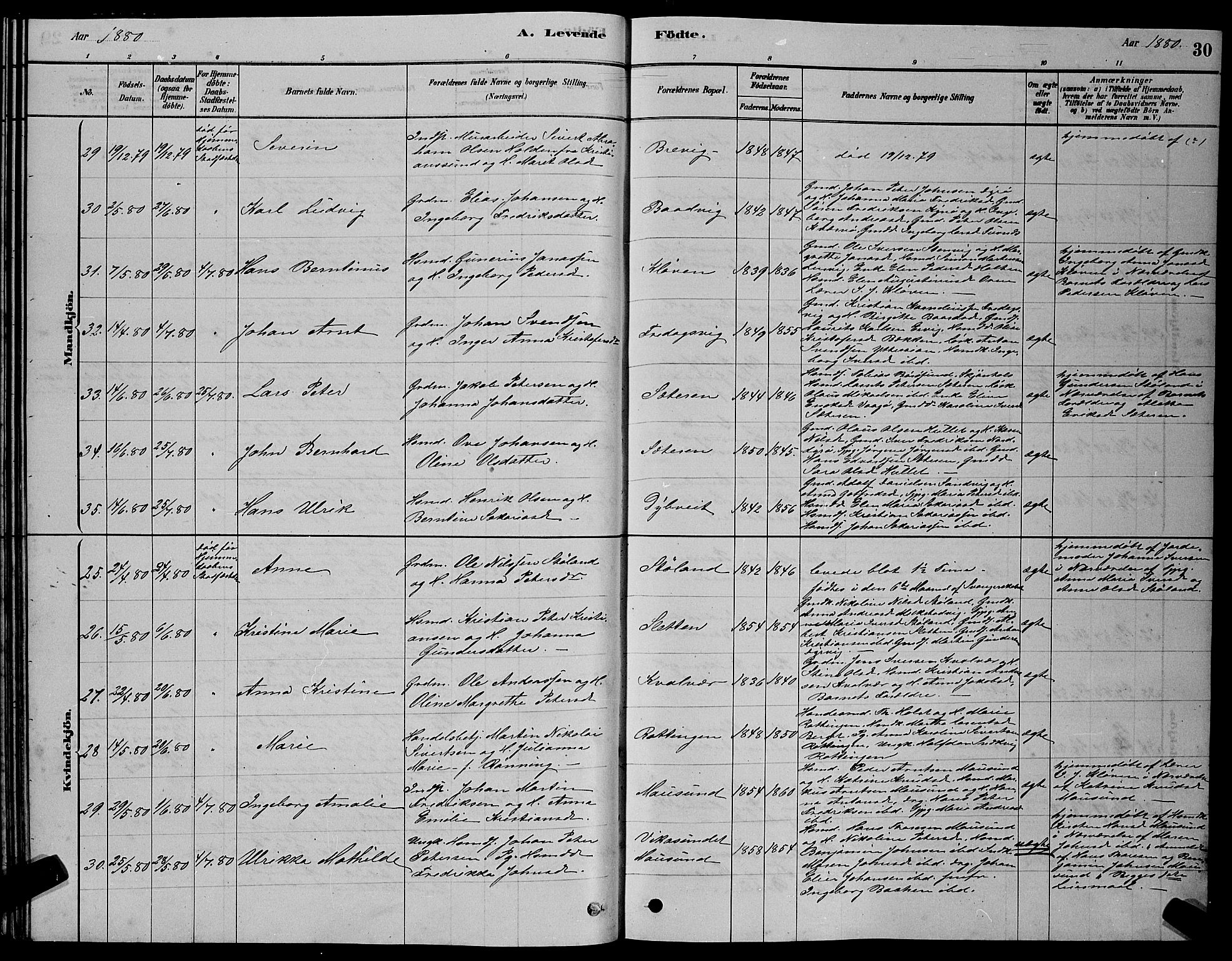 Ministerialprotokoller, klokkerbøker og fødselsregistre - Sør-Trøndelag, AV/SAT-A-1456/640/L0585: Parish register (copy) no. 640C03, 1878-1891, p. 30