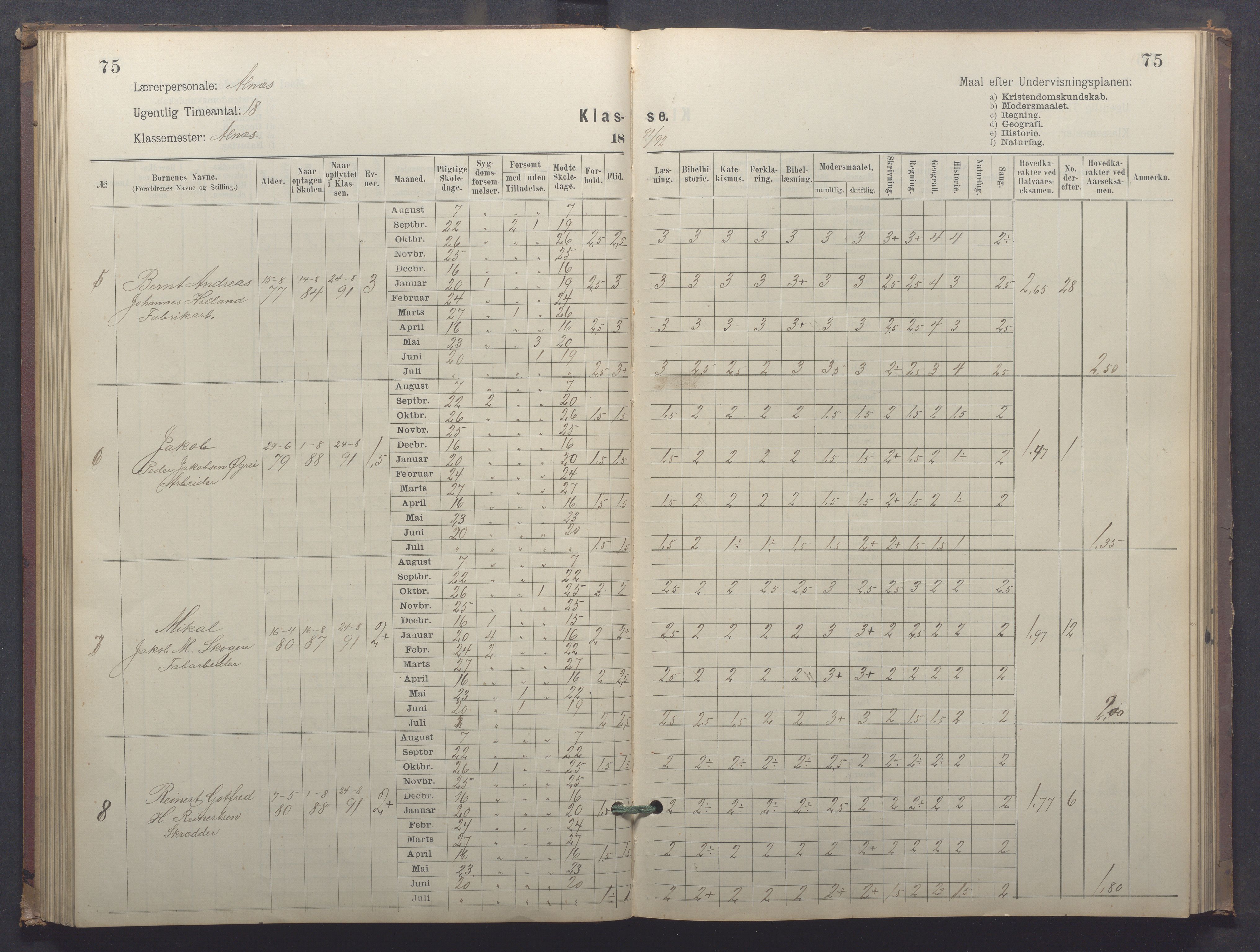 Egersund kommune (Ladested) - Egersund almueskole/folkeskole, IKAR/K-100521/H/L0025: Skoleprotokoll - Almueskolen, 4. klasse, 1887-1892, p. 75