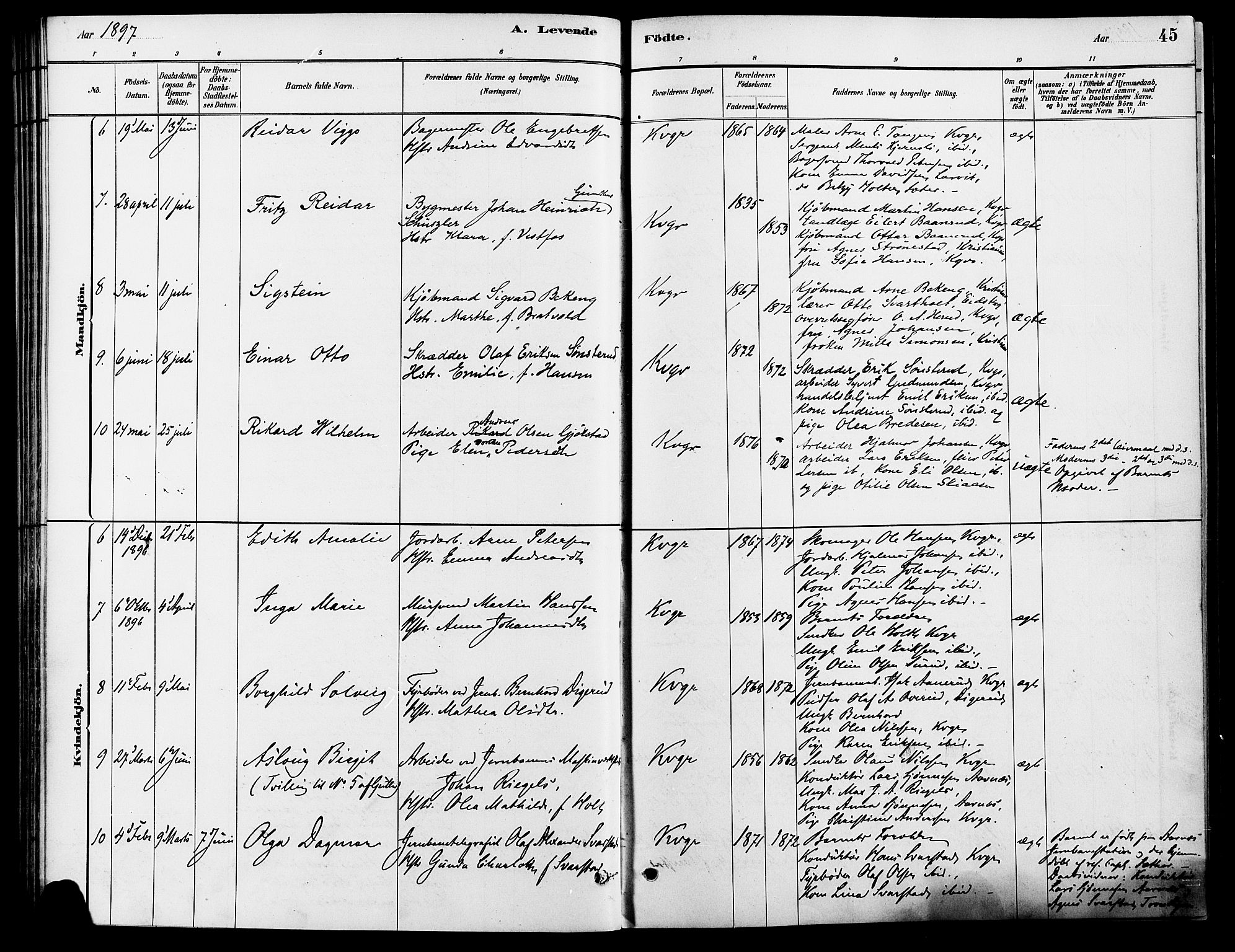 Vinger prestekontor, AV/SAH-PREST-024/H/Ha/Haa/L0013: Parish register (official) no. 13, 1881-1897, p. 45