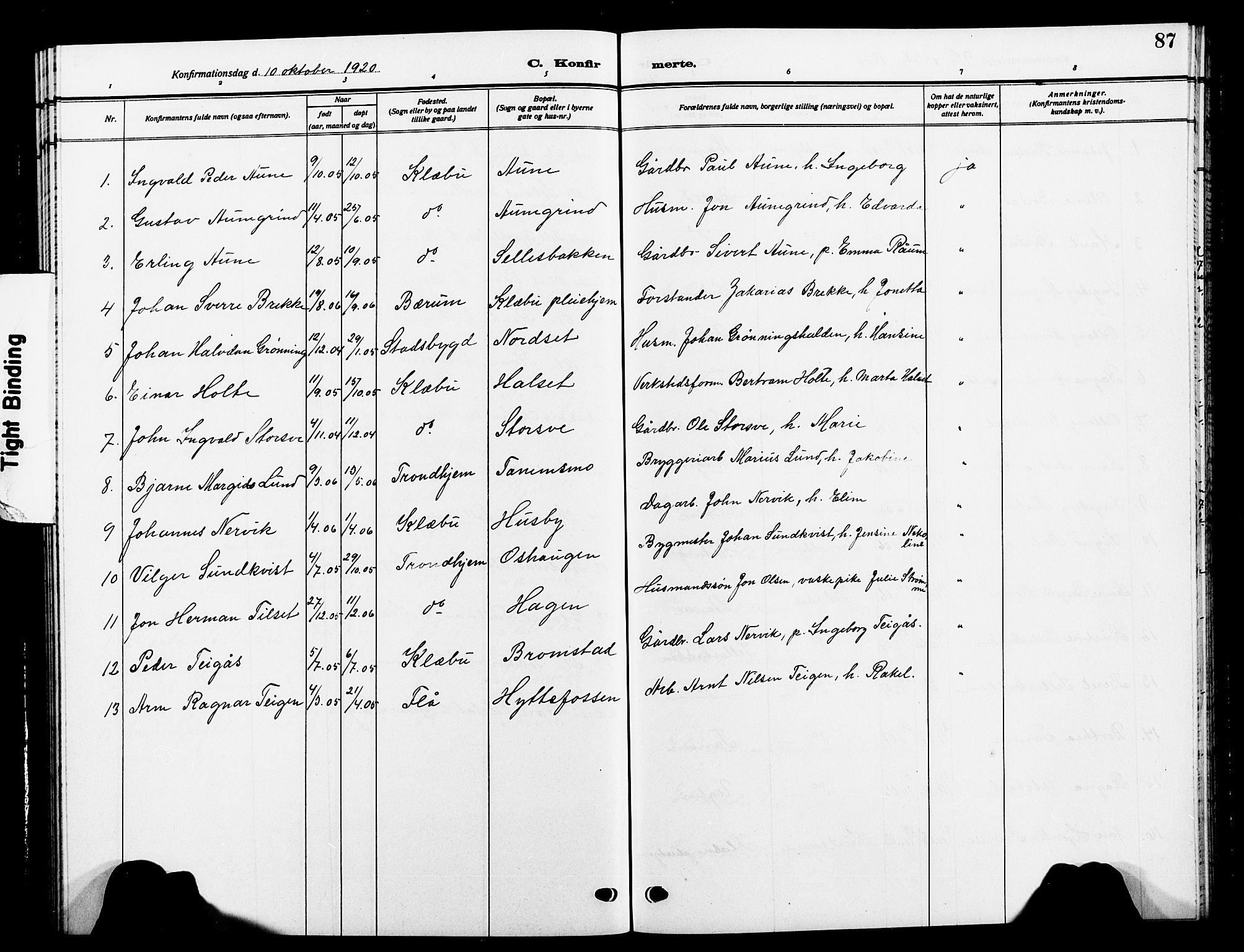 Ministerialprotokoller, klokkerbøker og fødselsregistre - Sør-Trøndelag, SAT/A-1456/618/L0453: Parish register (copy) no. 618C04, 1907-1925, p. 87