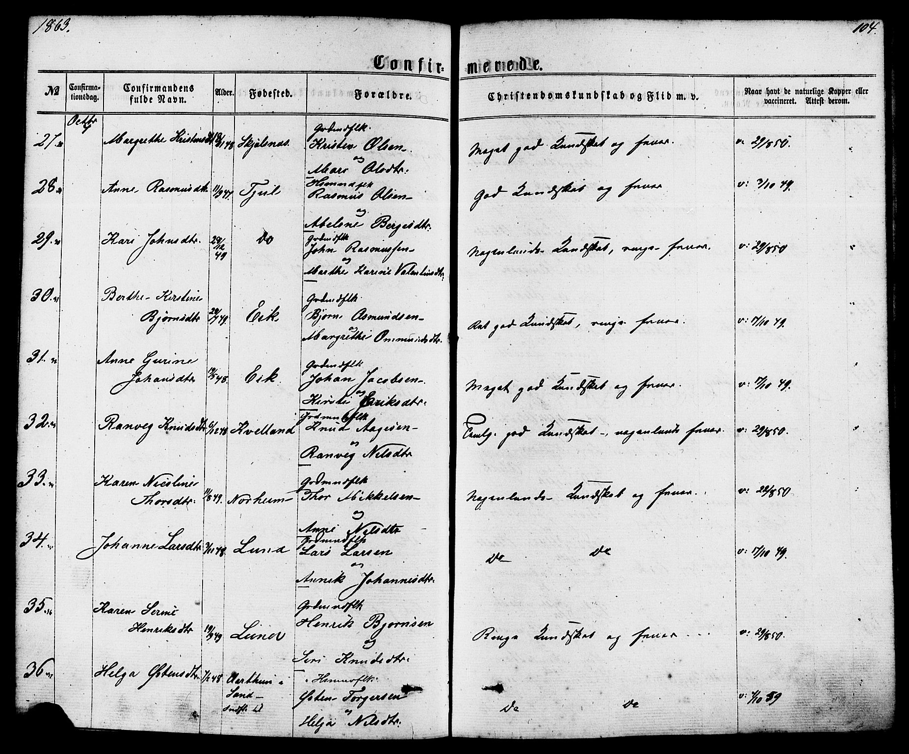 Nedstrand sokneprestkontor, AV/SAST-A-101841/01/IV: Parish register (official) no. A 10, 1861-1887, p. 104