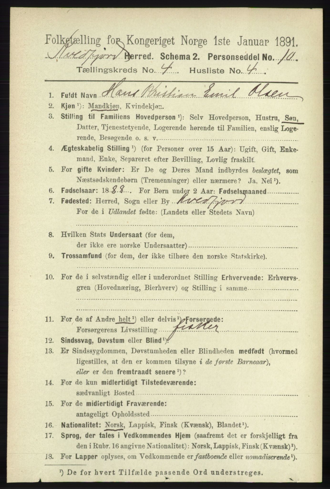 RA, 1891 census for 1911 Kvæfjord, 1891, p. 1913