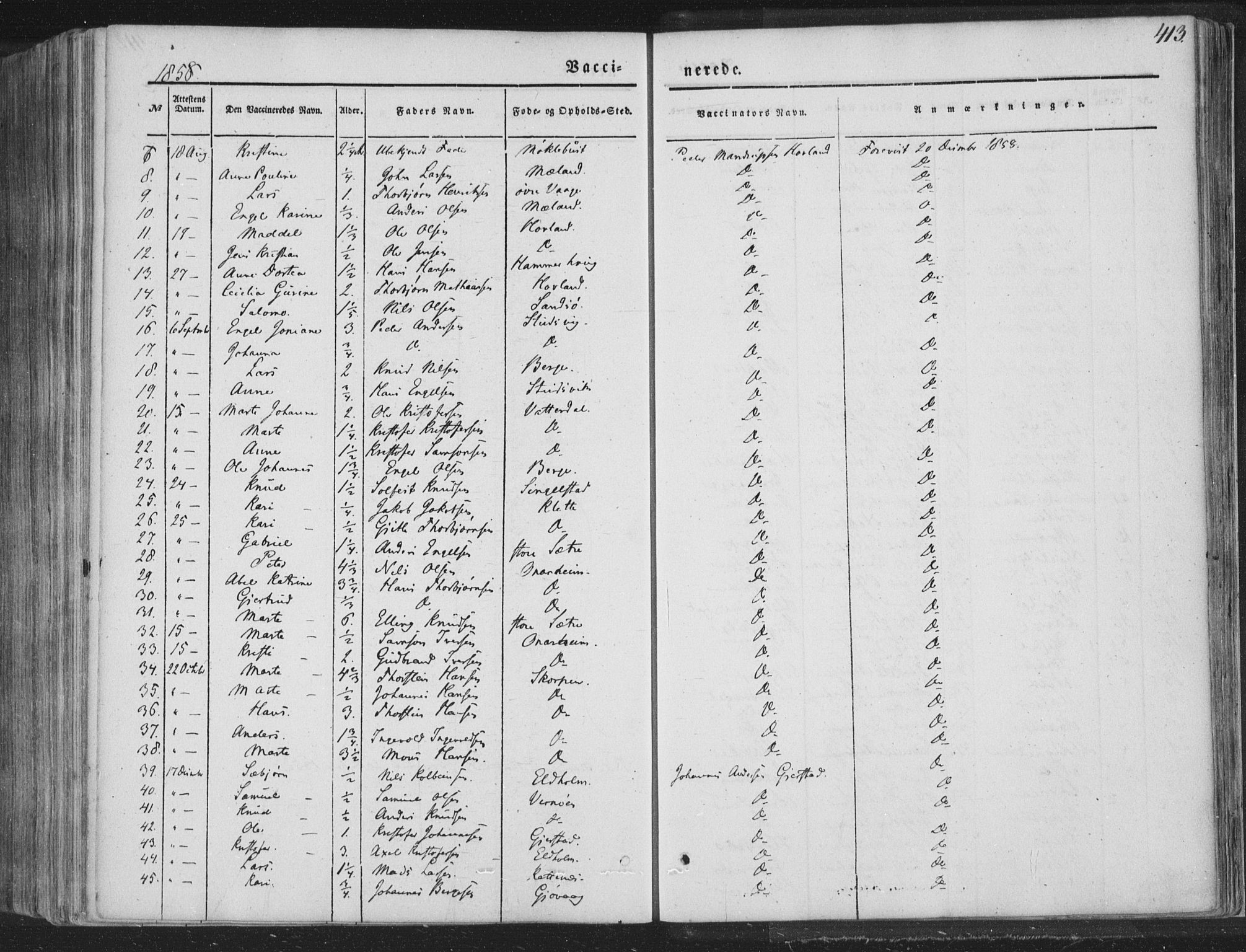 Tysnes sokneprestembete, AV/SAB-A-78601/H/Haa: Parish register (official) no. A 10, 1848-1859, p. 413