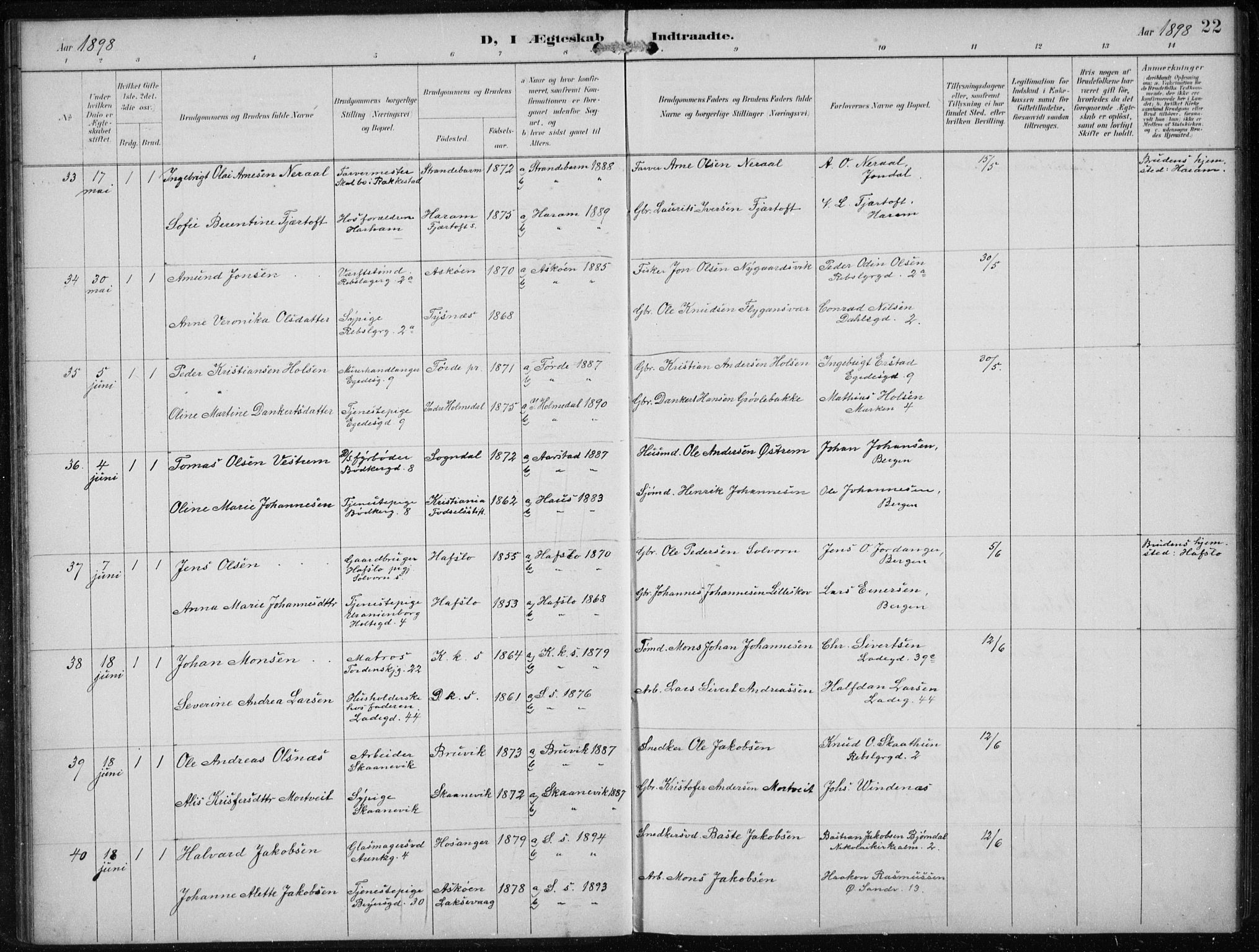 Sandviken Sokneprestembete, AV/SAB-A-77601/H/Ha/L0014: Parish register (official) no. D 1, 1896-1911, p. 22