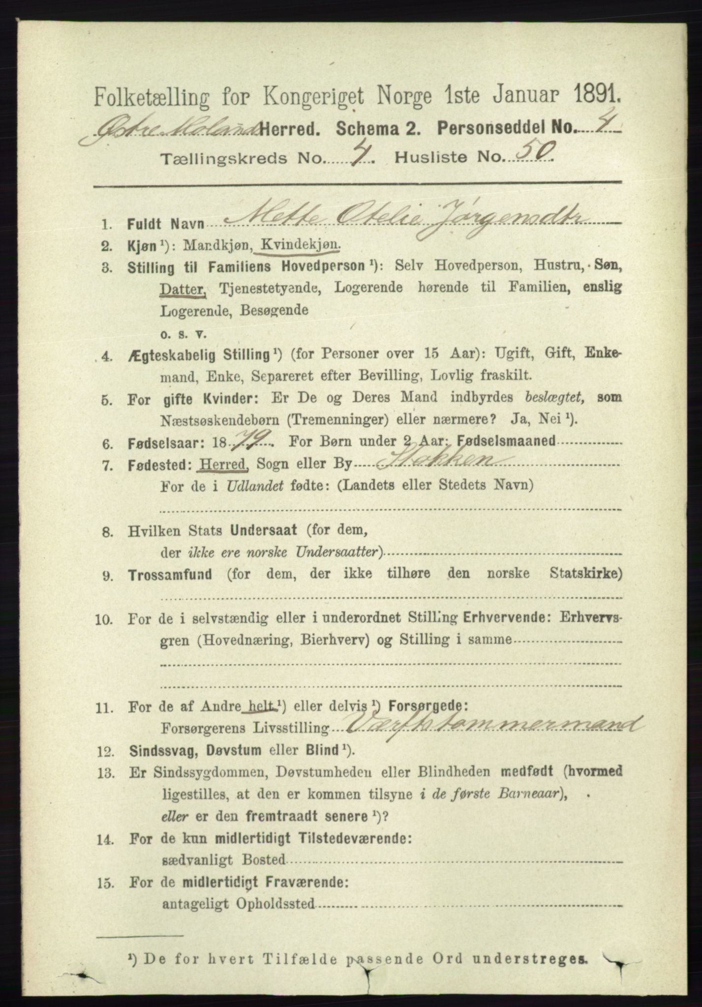 RA, 1891 census for 0918 Austre Moland, 1891, p. 2336