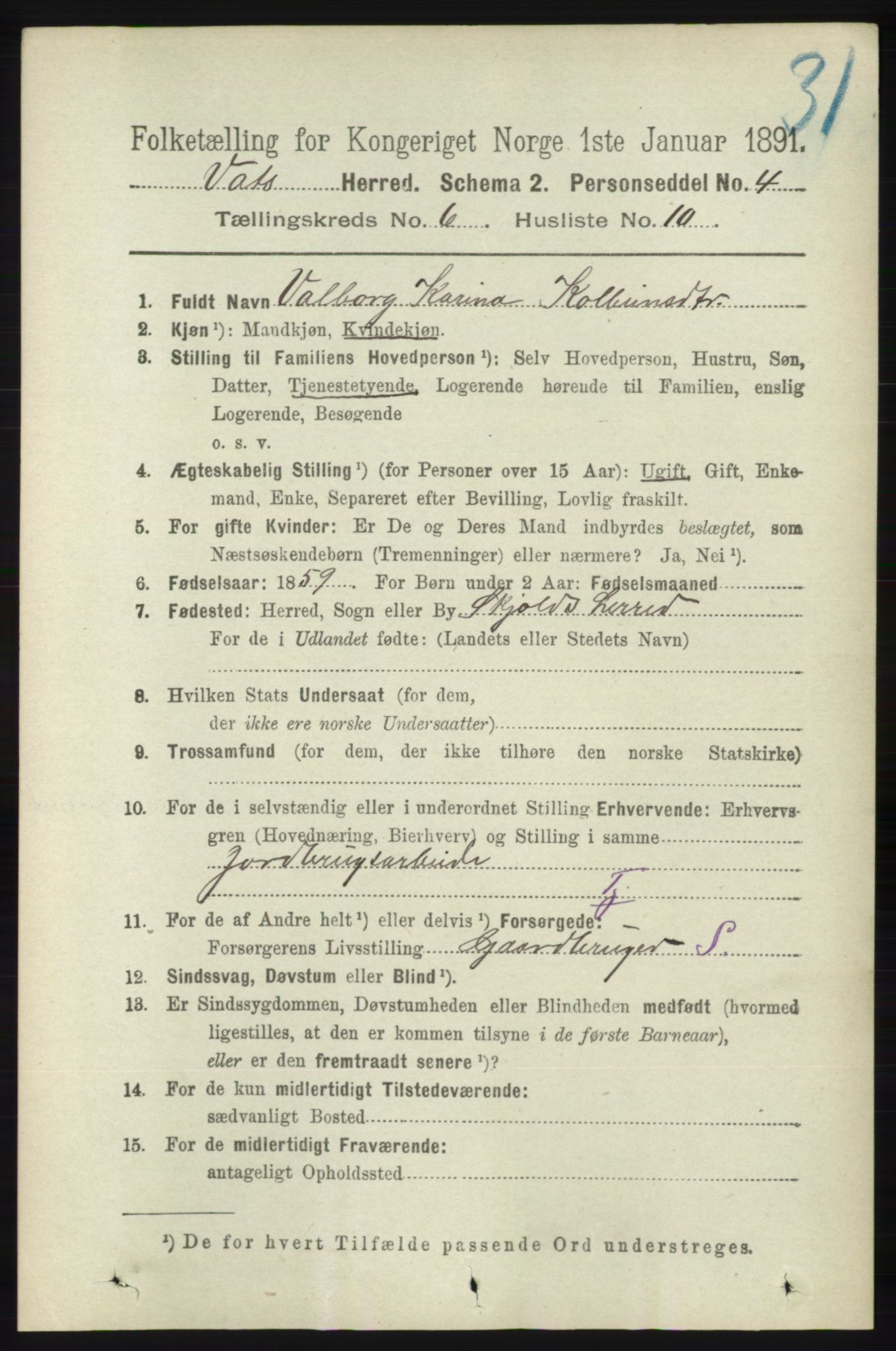 RA, 1891 census for 1155 Vats, 1891, p. 1010