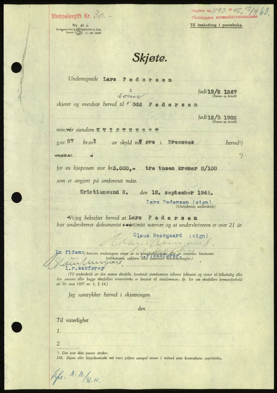 Nordmøre sorenskriveri, AV/SAT-A-4132/1/2/2Ca: Mortgage book no. A100a, 1945-1945, Diary no: : 1193/1945