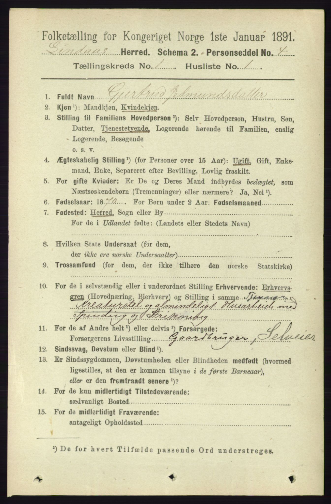 RA, 1891 census for 1263 Lindås, 1891, p. 95