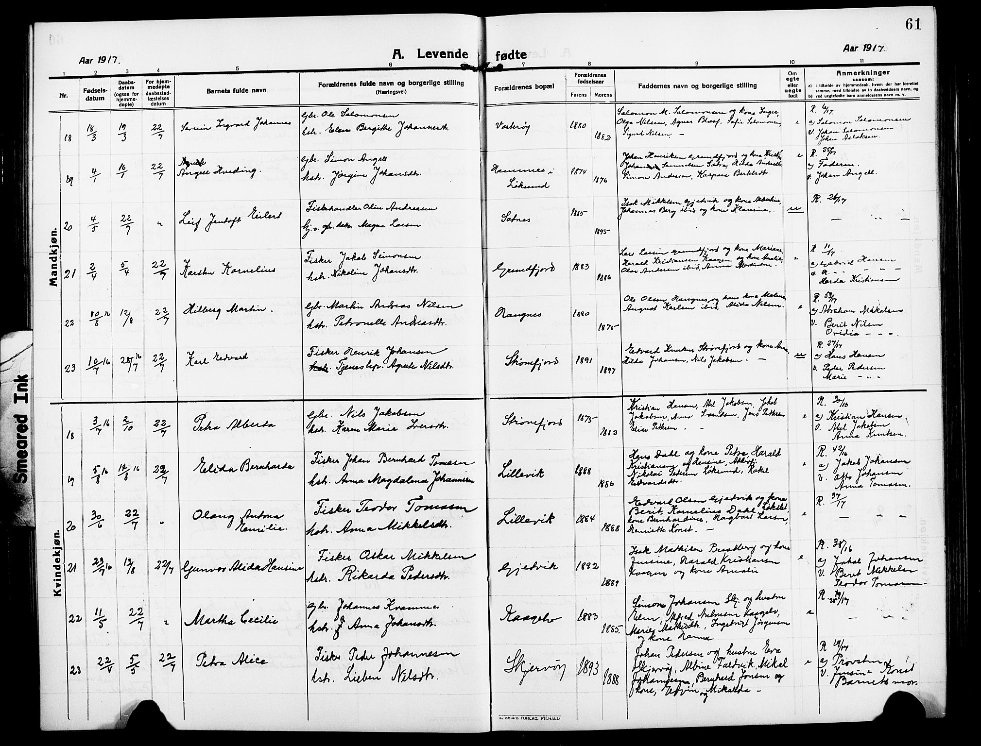 Skjervøy sokneprestkontor, AV/SATØ-S-1300/H/Ha/Hab/L0009klokker: Parish register (copy) no. 9, 1911-1926, p. 61