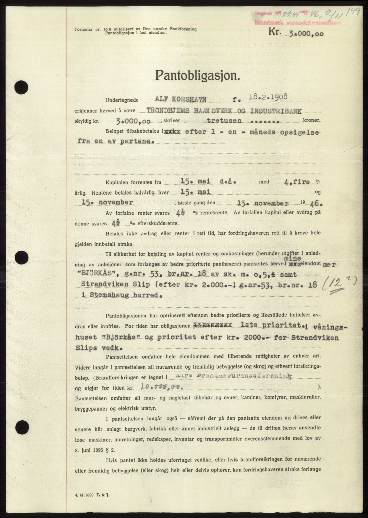 Nordmøre sorenskriveri, AV/SAT-A-4132/1/2/2Ca: Mortgage book no. B95, 1946-1947, Diary no: : 2241/1946