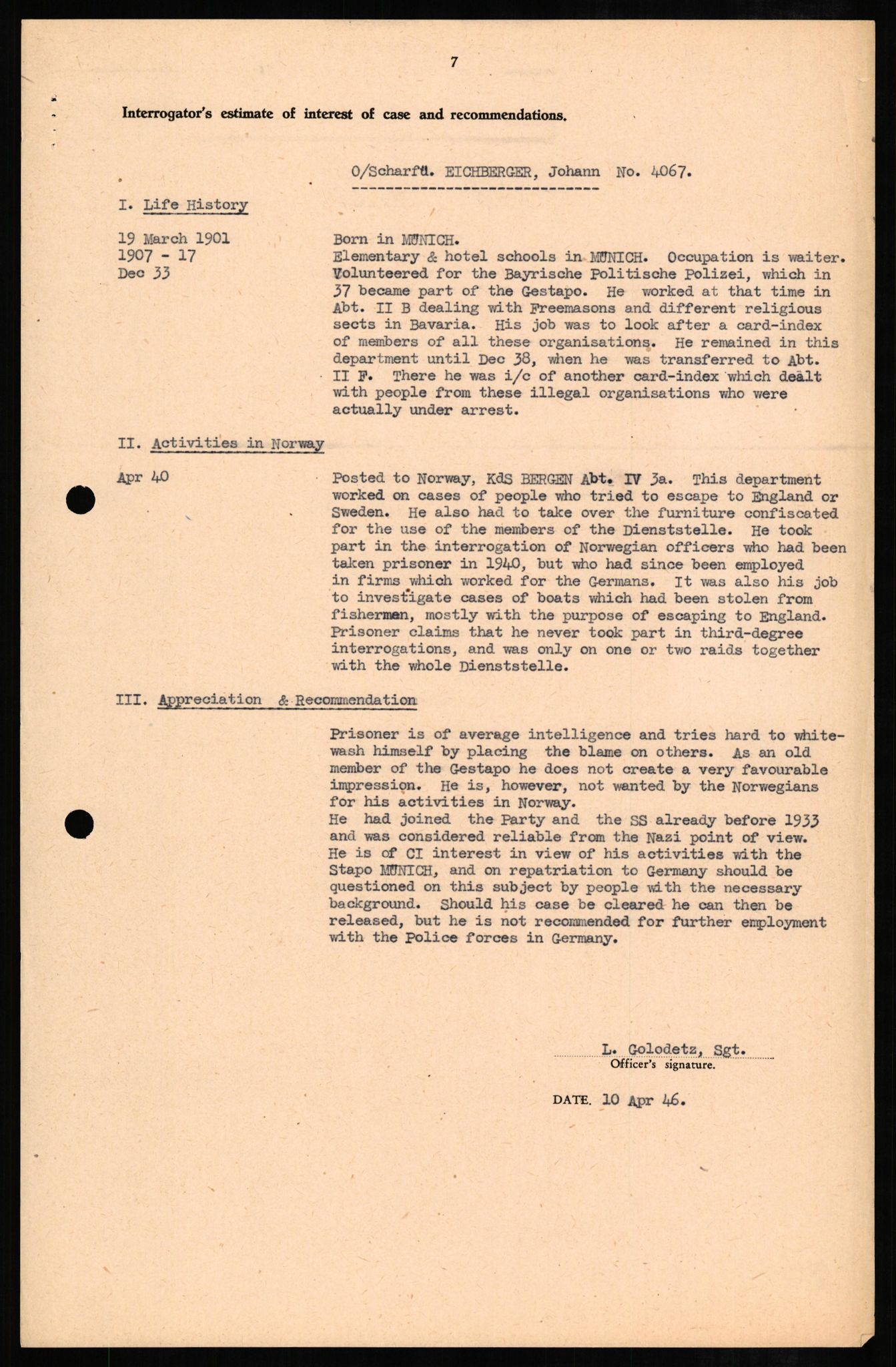 Forsvaret, Forsvarets overkommando II, AV/RA-RAFA-3915/D/Db/L0007: CI Questionaires. Tyske okkupasjonsstyrker i Norge. Tyskere., 1945-1946, p. 95