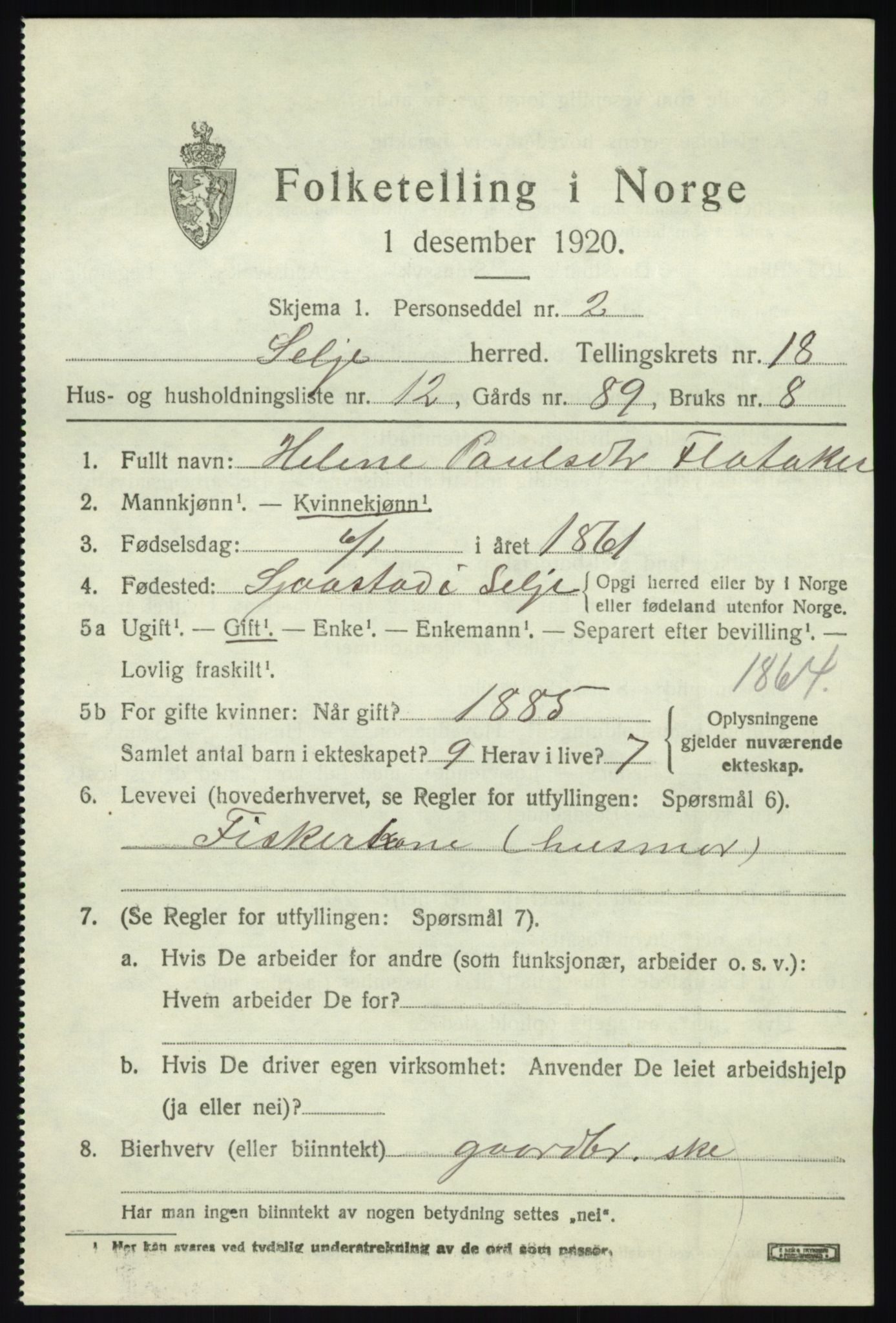 SAB, 1920 census for Selje, 1920, p. 8021