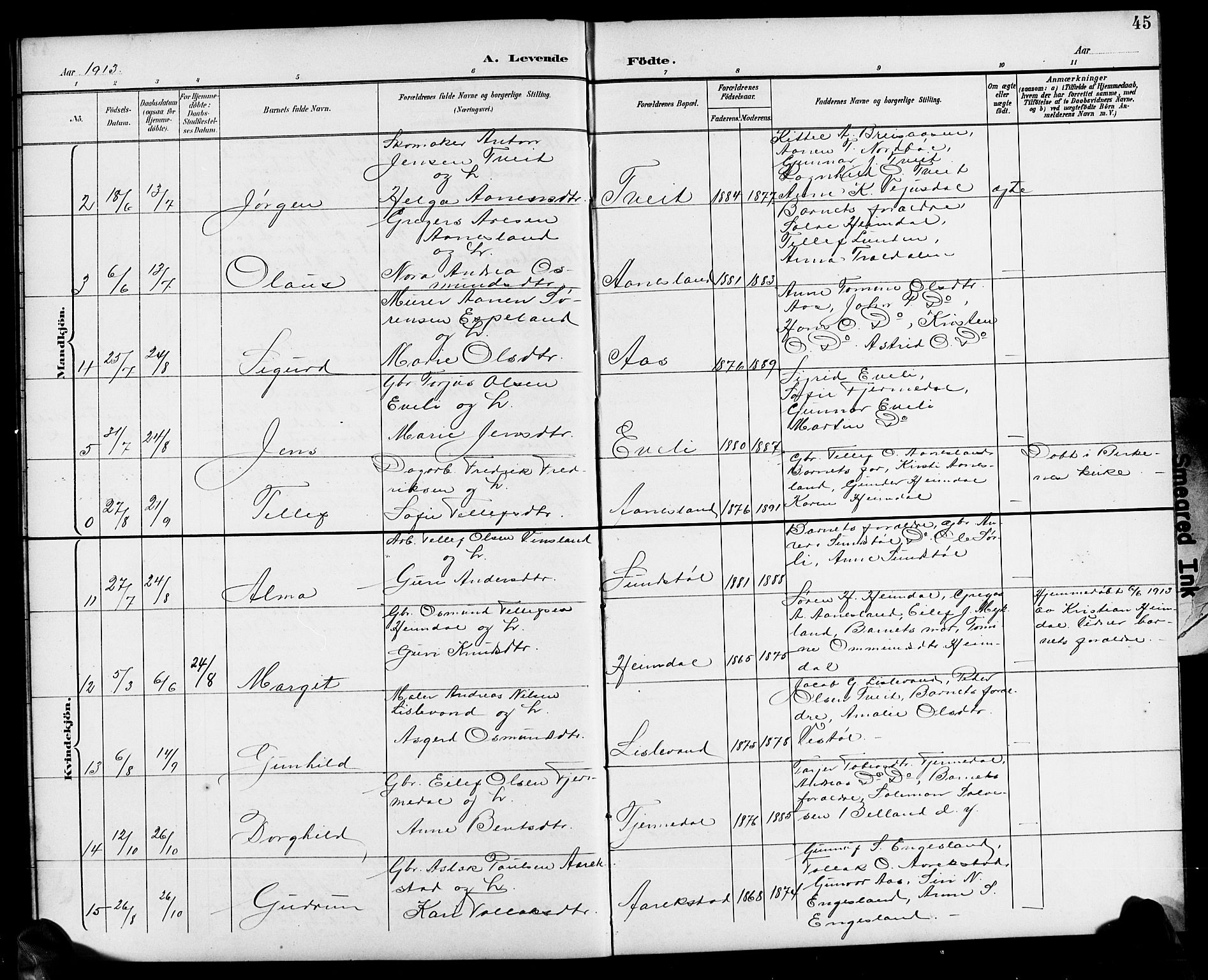 Herefoss sokneprestkontor, AV/SAK-1111-0019/F/Fb/Fbb/L0003: Parish register (copy) no. B 3, 1892-1917, p. 45