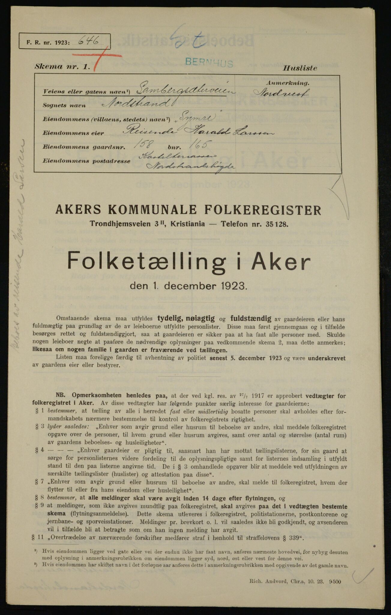 , Municipal Census 1923 for Aker, 1923, p. 40586