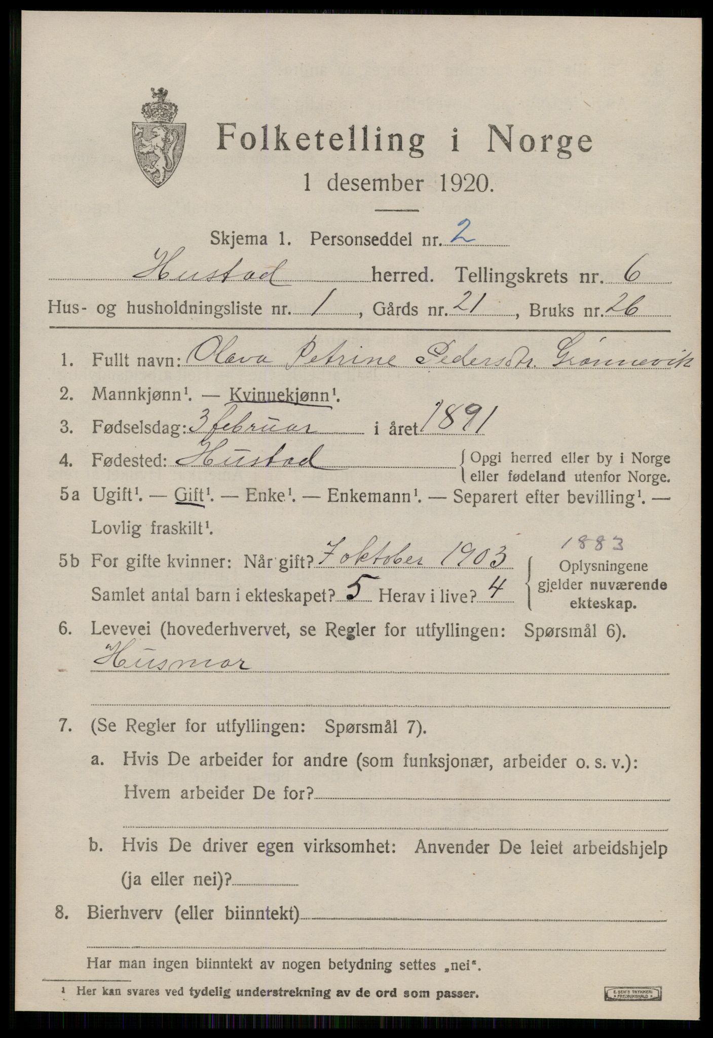 SAT, 1920 census for Hustad, 1920, p. 4167