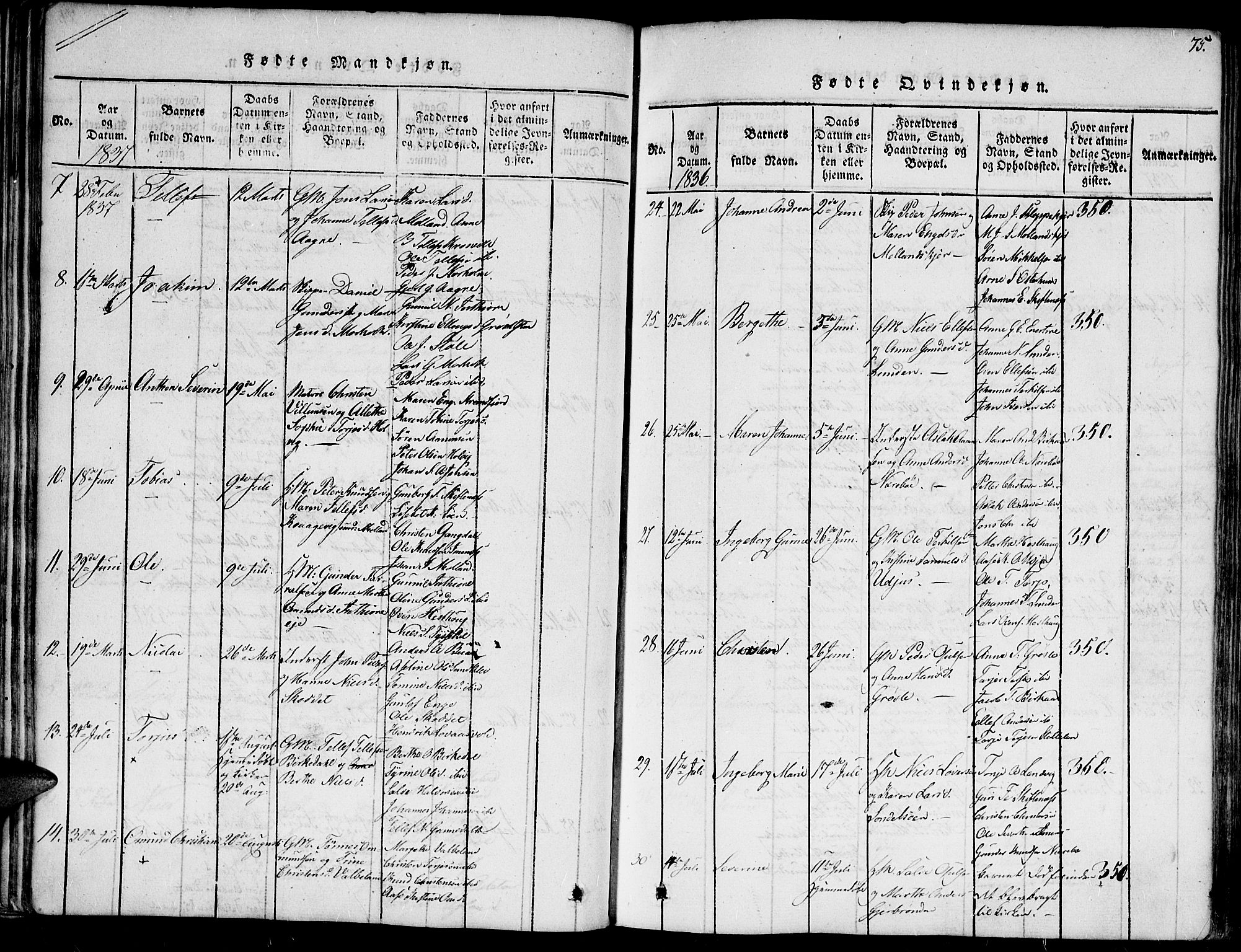 Hommedal sokneprestkontor, AV/SAK-1111-0023/F/Fa/Fab/L0003: Parish register (official) no. A 3, 1815-1848, p. 75